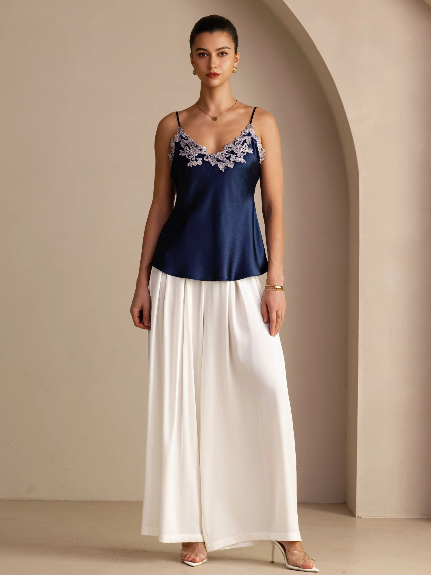 100 Procent Moerbeizijde Spaghetti Bandjes V Hals Kant Camisole Top - Image 6