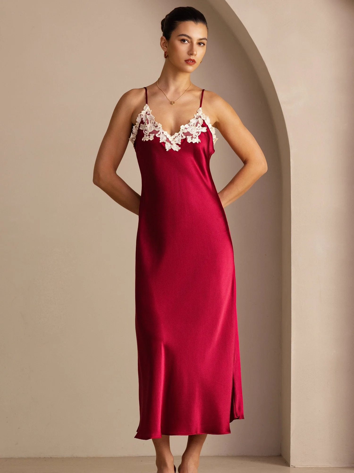 Maxi Lace V-Back Moerbei Zijde Jurk - Image 26