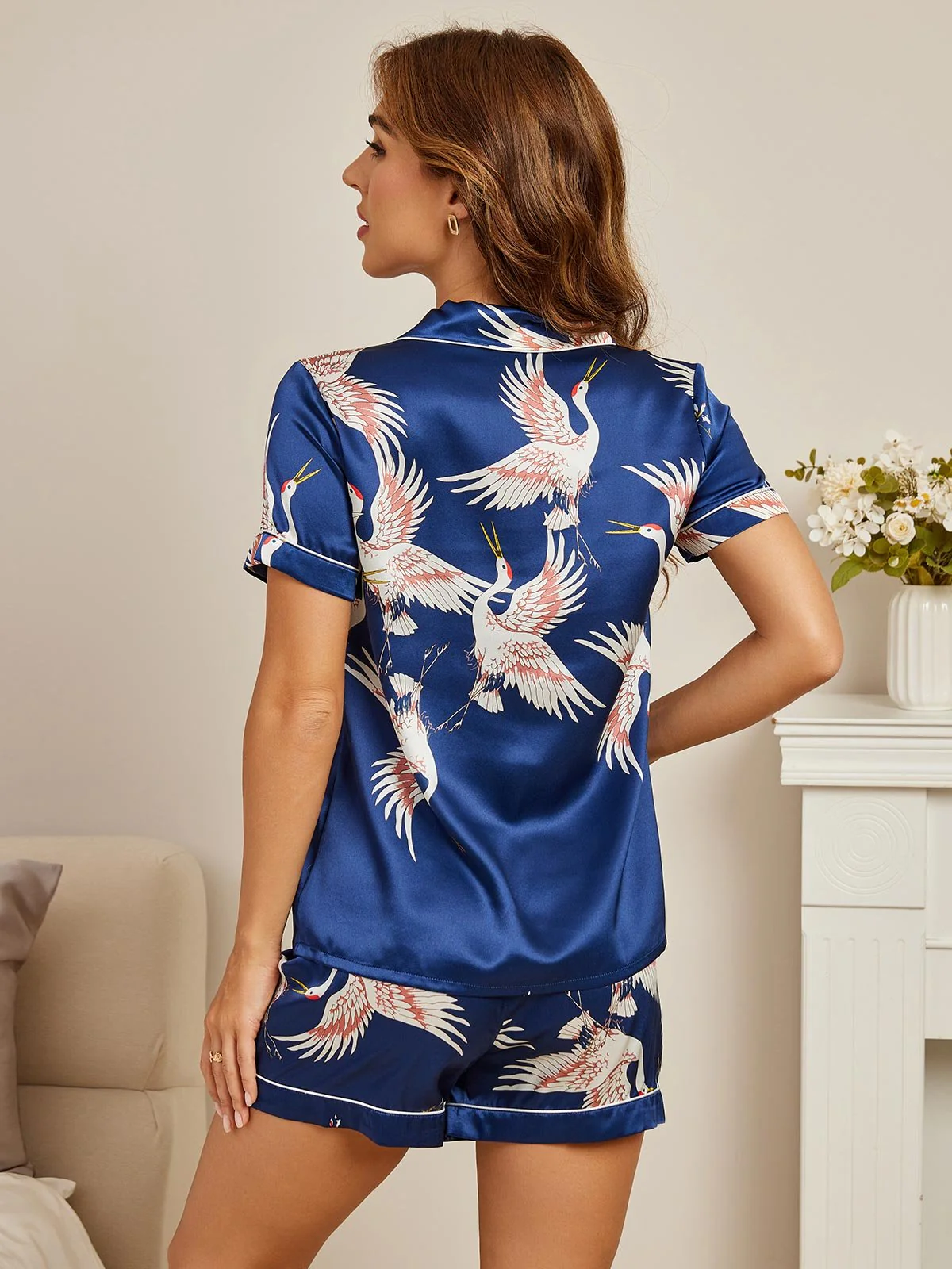 19Momme Pure Zijde Korte Mouwen Notch Kraag Dames Pyjama Set Met Kraanvogel Print - Image 2
