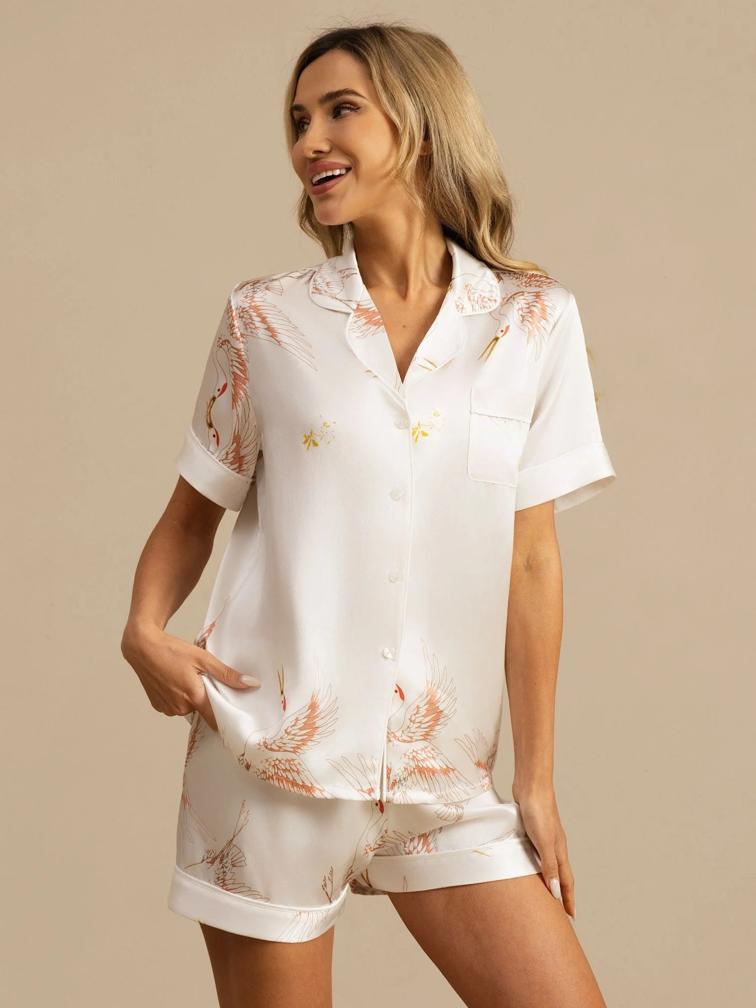 19Momme Pure Zijde Korte Mouwen Notch Kraag Dames Pyjama Set Met Kraanvogel Print - Image 29