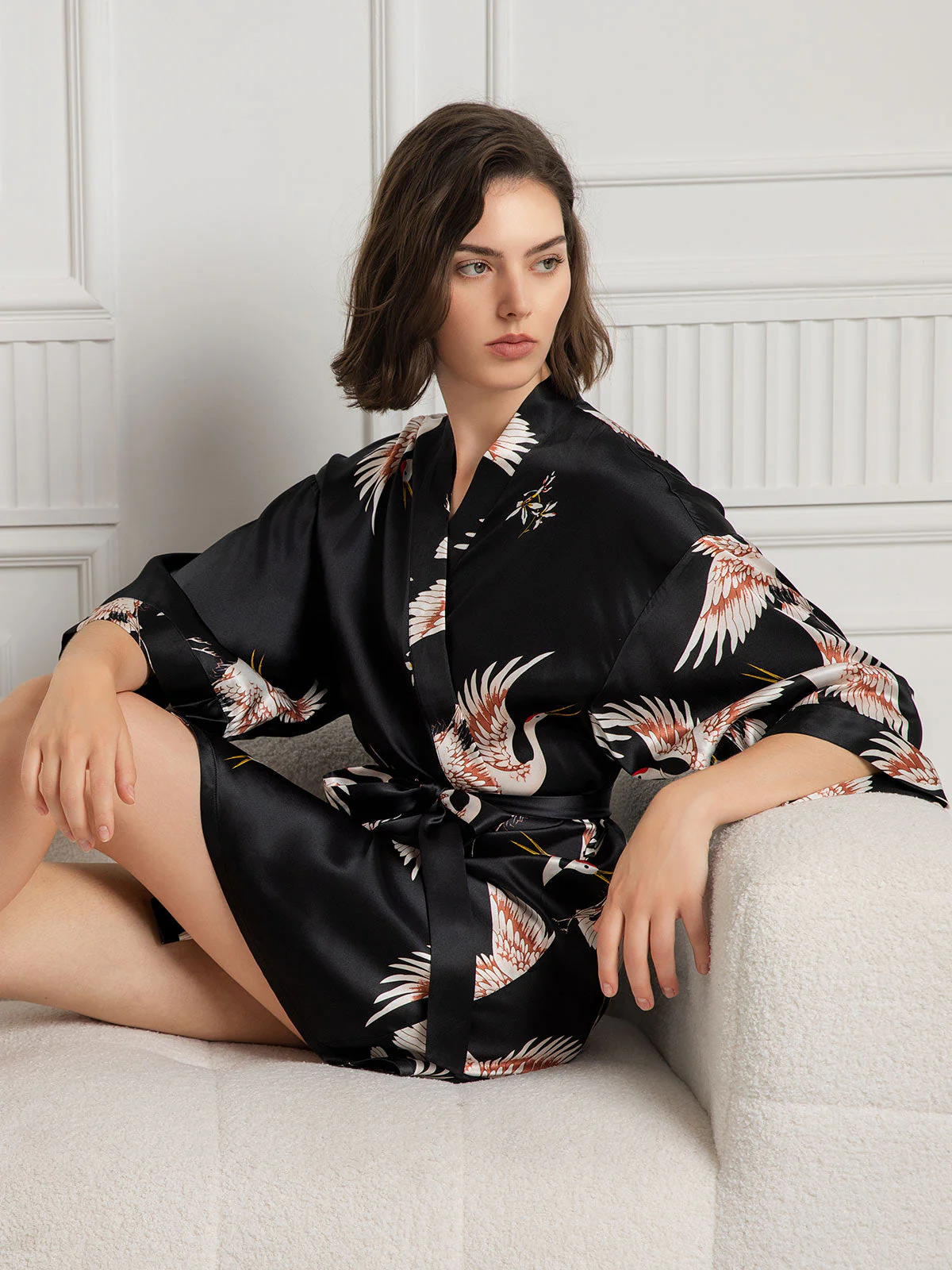 19Momme Puur Zijde Kraanvogelprint 3/4 Mouw Korte Dames Kimono Badjas - Image 10