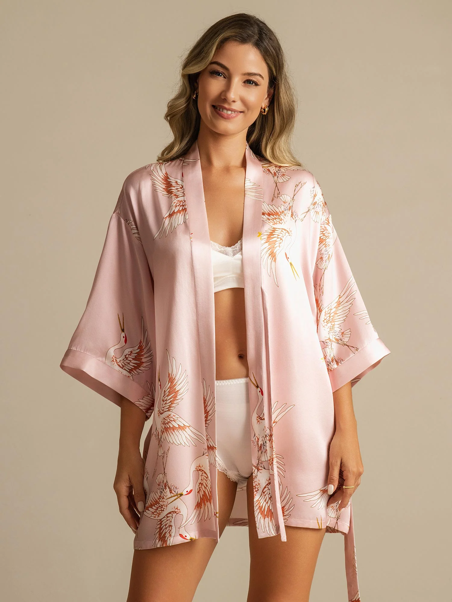 19Momme Puur Zijde Kraanvogelprint 3/4 Mouw Korte Dames Kimono Badjas - Image 12