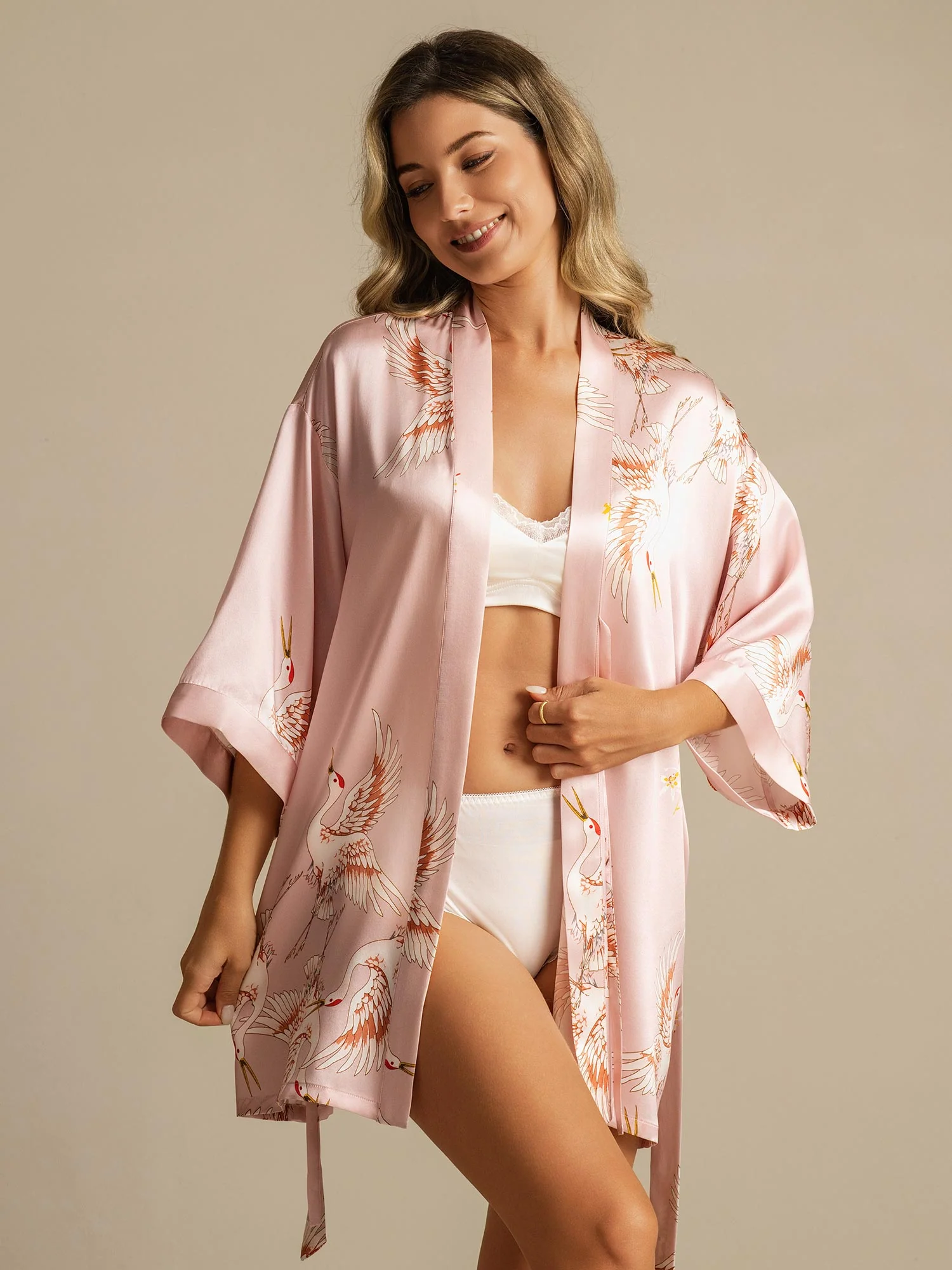 19Momme Puur Zijde Kraanvogelprint 3/4 Mouw Korte Dames Kimono Badjas - Image 14