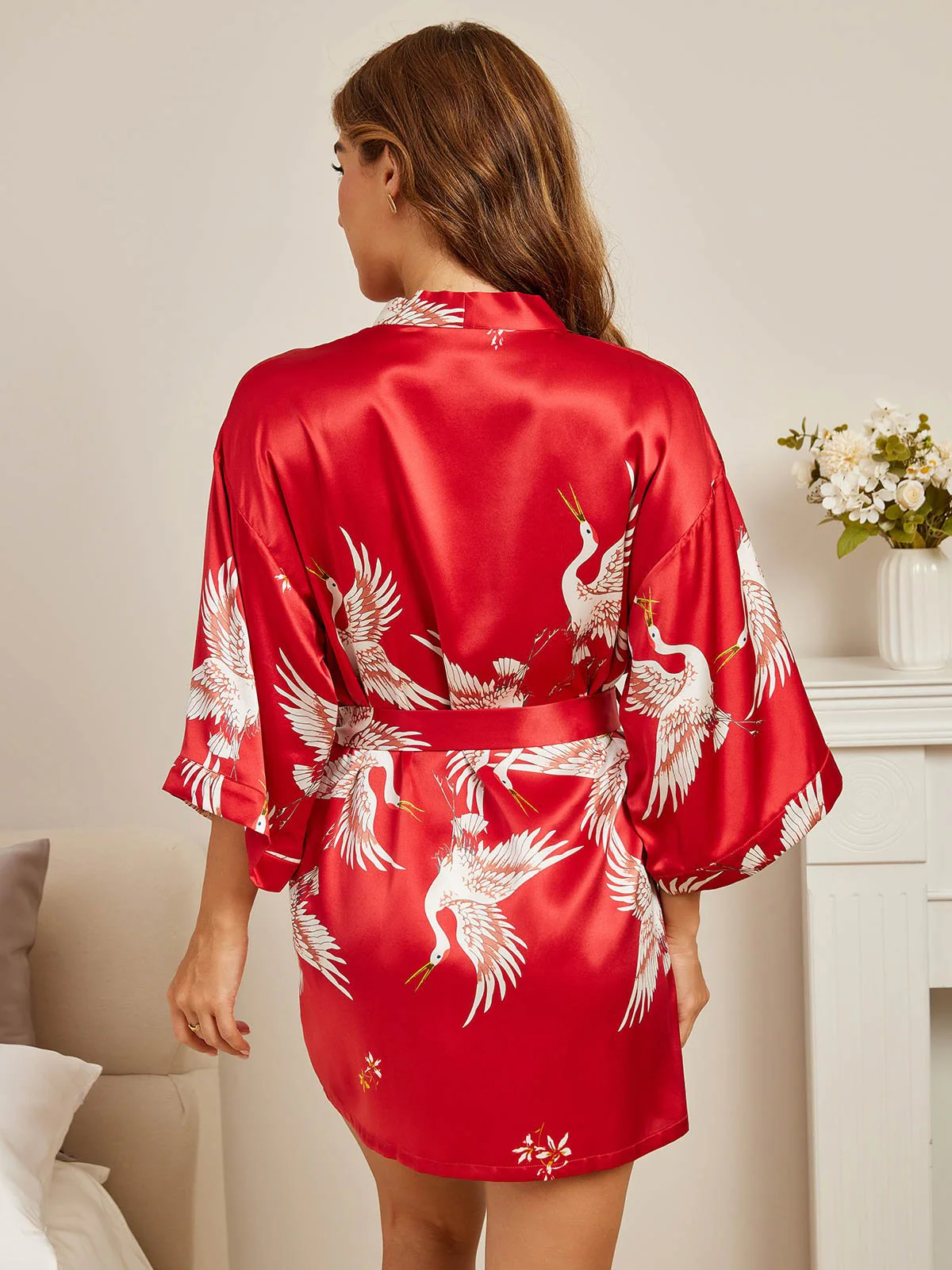 19Momme Puur Zijde Kraanvogelprint 3/4 Mouw Korte Dames Kimono Badjas - Image 21