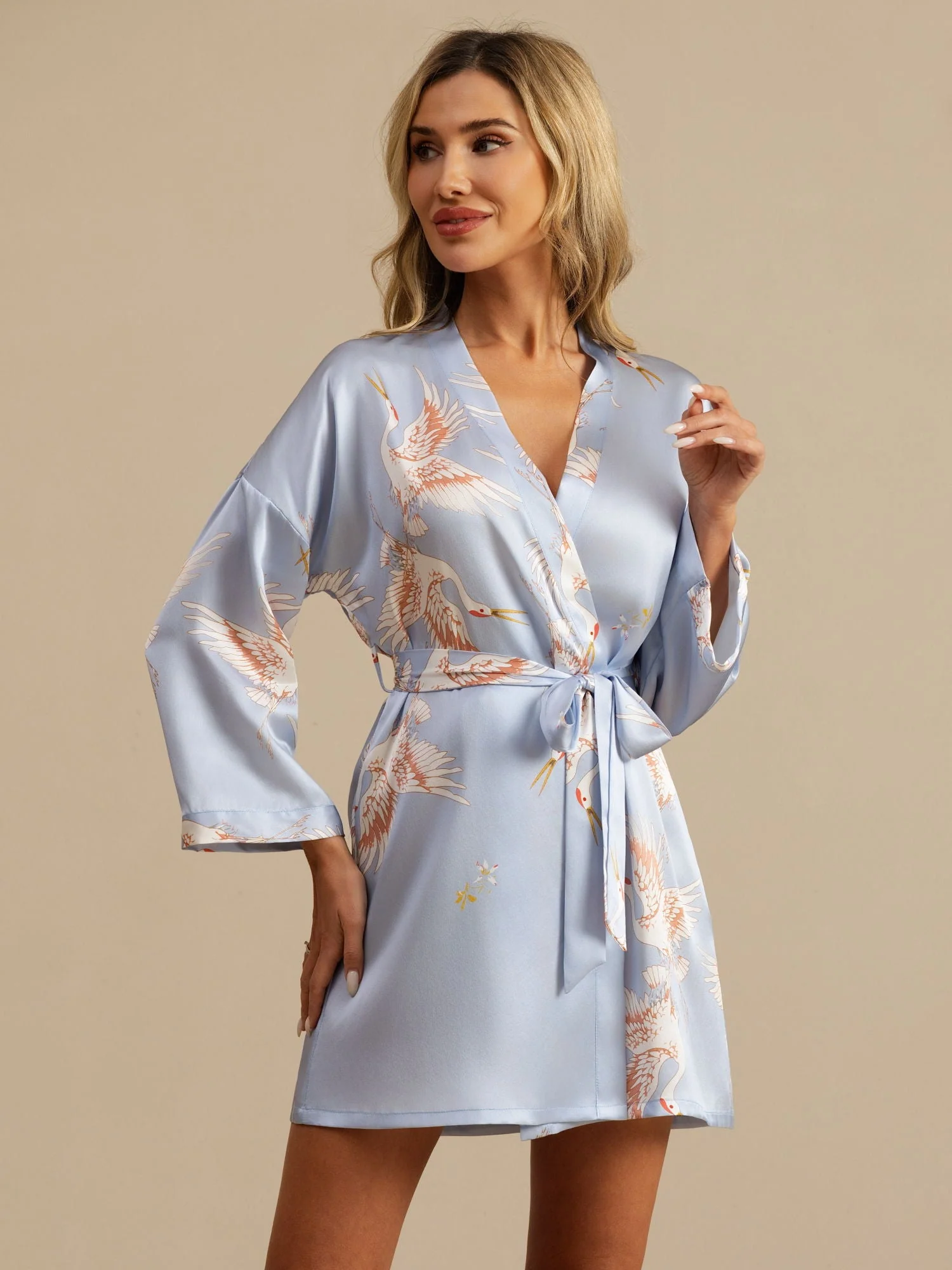 19Momme Puur Zijde Kraanvogelprint 3/4 Mouw Korte Dames Kimono Badjas - Image 26