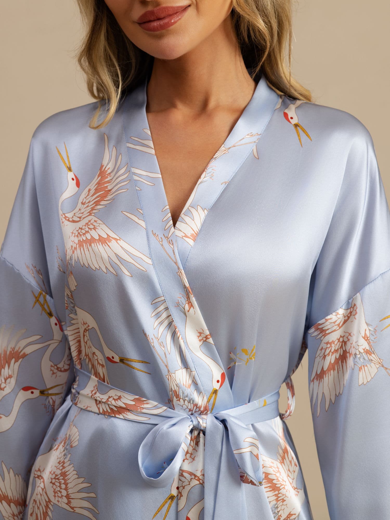 19Momme Puur Zijde Kraanvogelprint 3/4 Mouw Korte Dames Kimono Badjas - Image 28