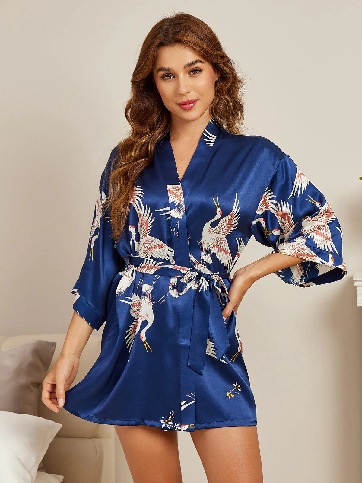 19Momme Puur Zijde Kraanvogelprint 3/4 Mouw Korte Dames Kimono Badjas - Image 3