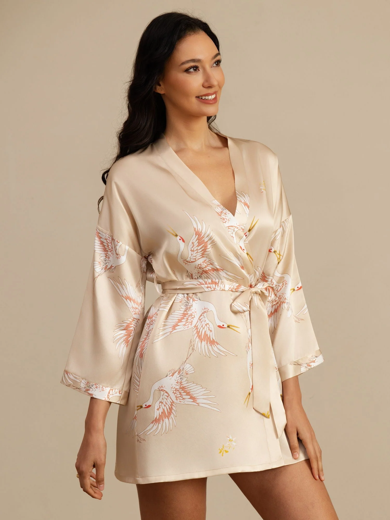 19Momme Puur Zijde Kraanvogelprint 3/4 Mouw Korte Dames Kimono Badjas - Image 31