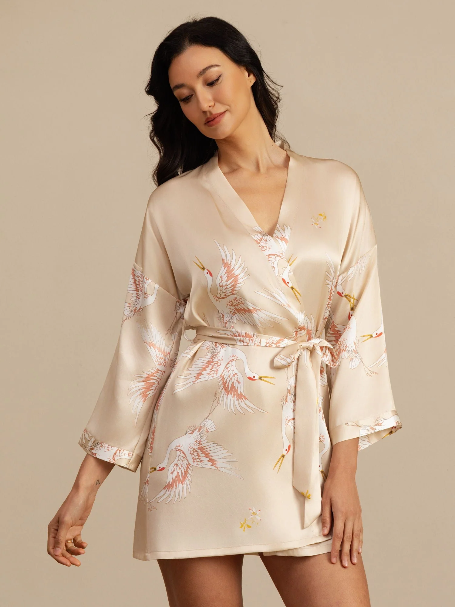 19Momme Puur Zijde Kraanvogelprint 3/4 Mouw Korte Dames Kimono Badjas - Image 35