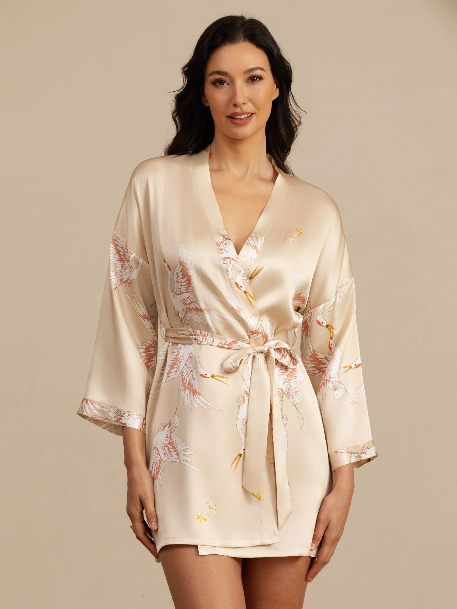19Momme Puur Zijde Kraanvogelprint 3/4 Mouw Korte Dames Kimono Badjas - Image 36