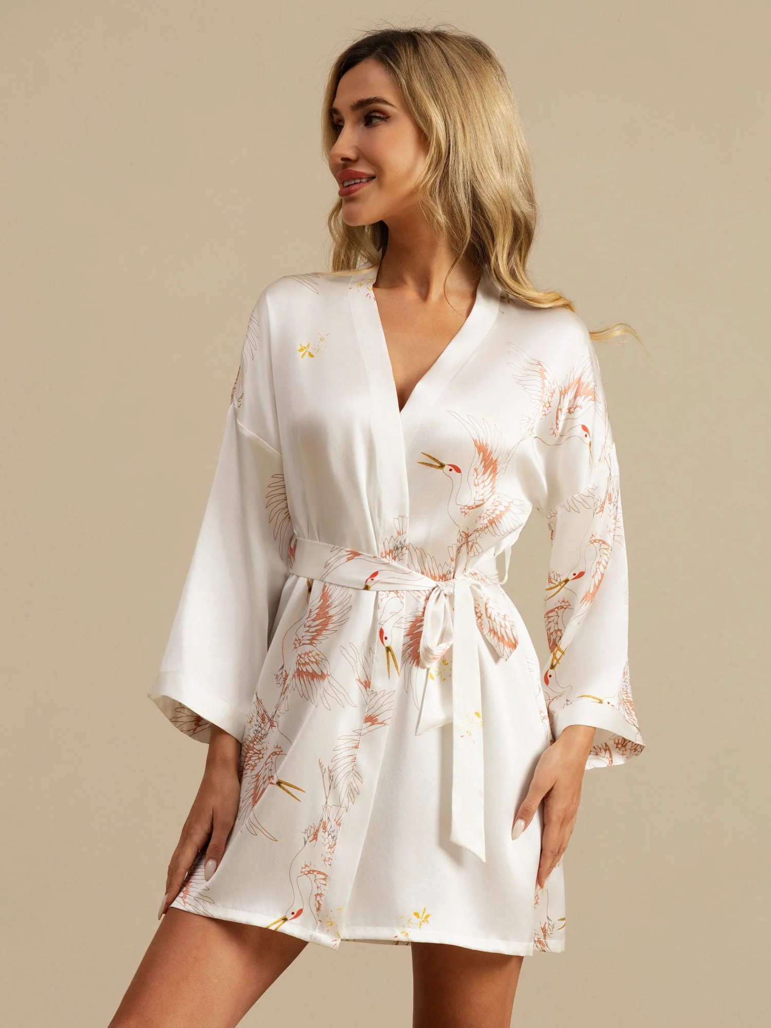 19Momme Puur Zijde Kraanvogelprint 3/4 Mouw Korte Dames Kimono Badjas - Image 42