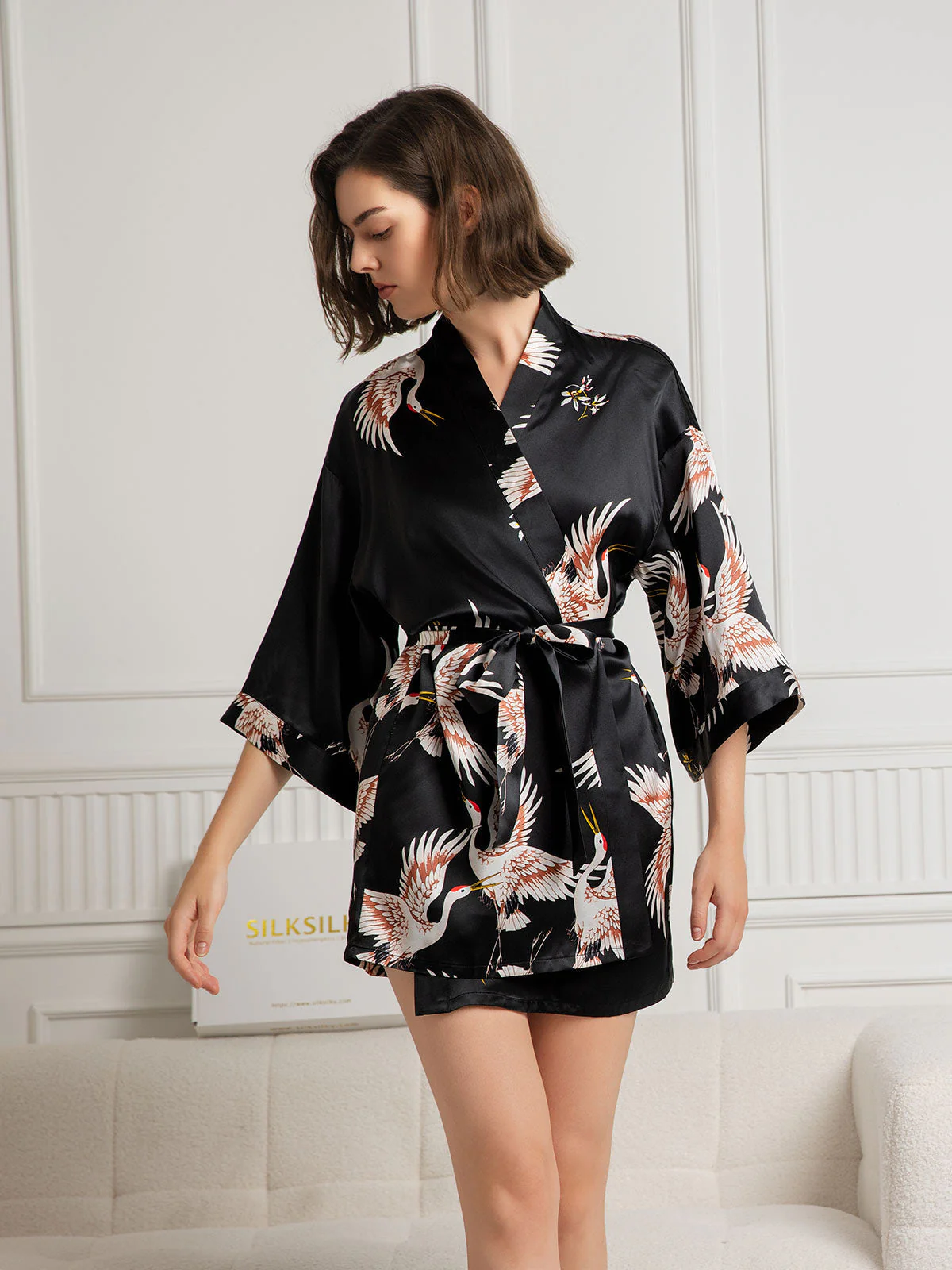 19Momme Puur Zijde Kraanvogelprint 3/4 Mouw Korte Dames Kimono Badjas - Image 7