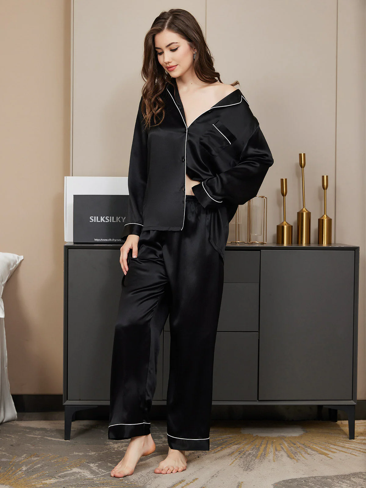 Binding Trim Klassiek Moerbei Zijde Pyjama Set - Image 10