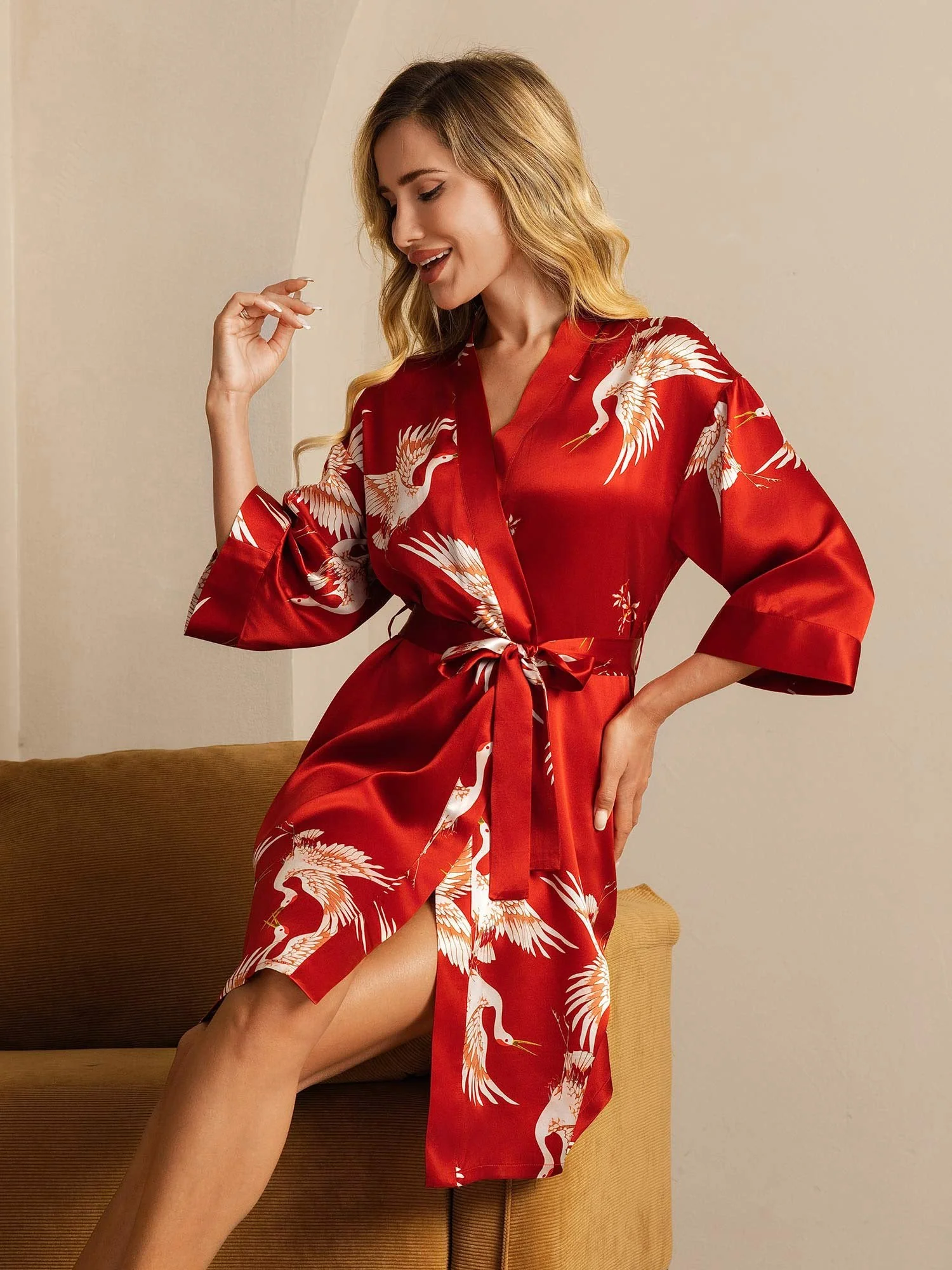 19Momme Pure Zijde Kraanvogelprint Geknoopte Wikkel Kimono Robe voor Dames