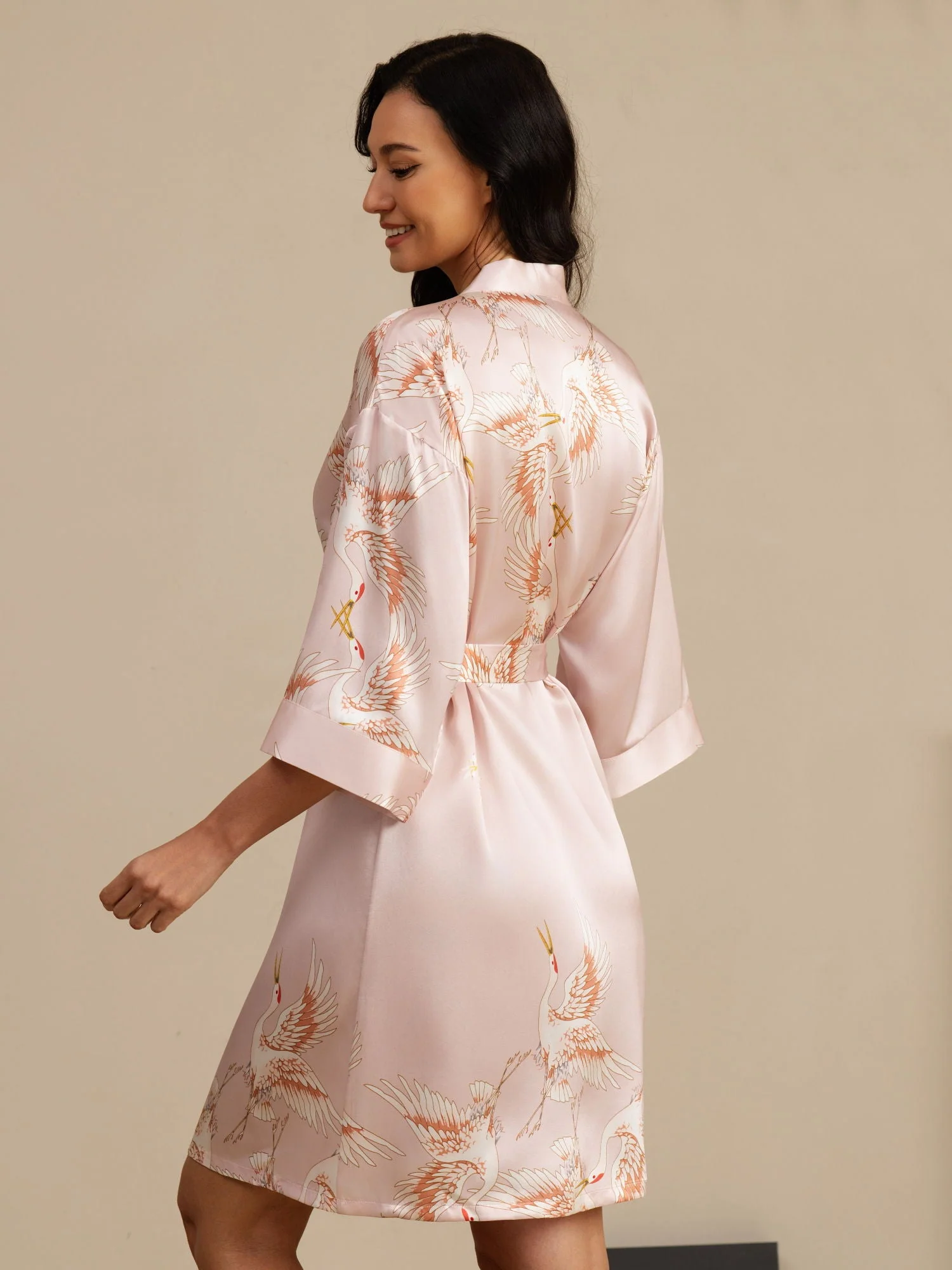19Momme Pure Zijde Kraanvogelprint Geknoopte Wikkel Kimono Robe voor Dames - Image 10
