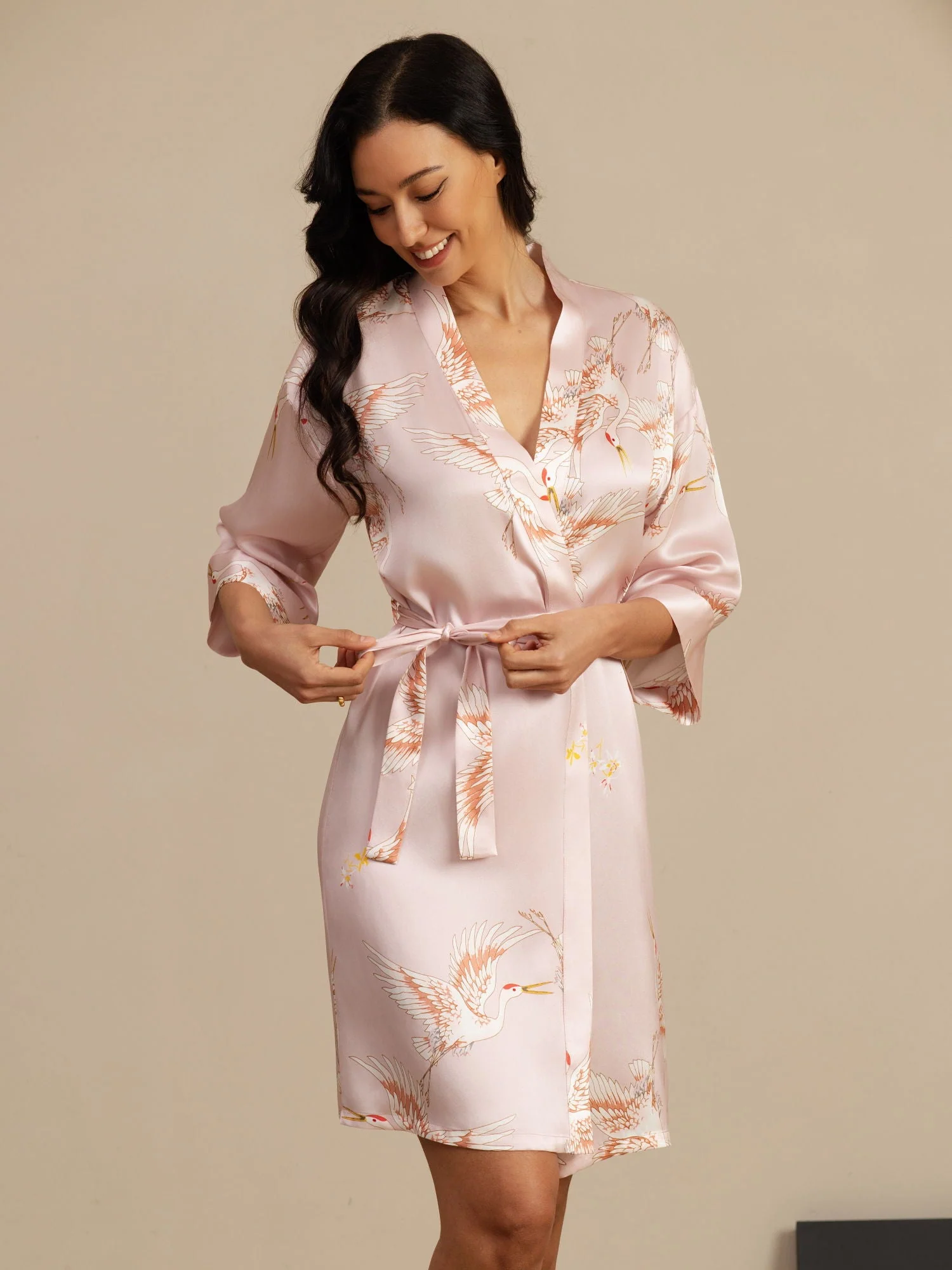 19Momme Pure Zijde Kraanvogelprint Geknoopte Wikkel Kimono Robe voor Dames - Image 11