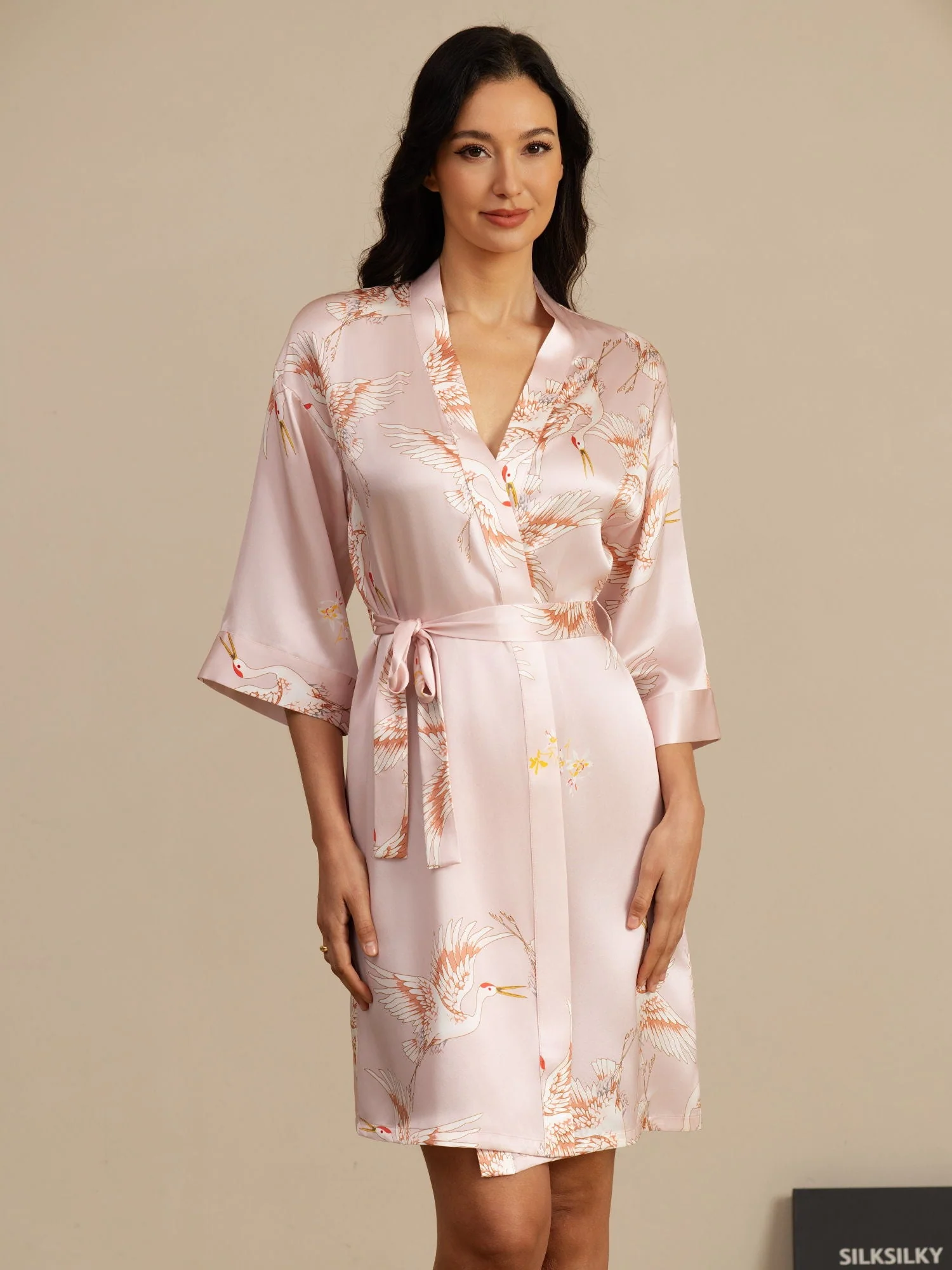 19Momme Pure Zijde Kraanvogelprint Geknoopte Wikkel Kimono Robe voor Dames - Image 13