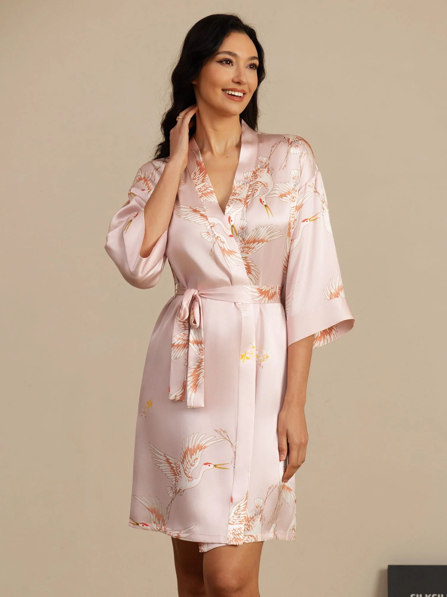 19Momme Pure Zijde Kraanvogelprint Geknoopte Wikkel Kimono Robe voor Dames - Image 14