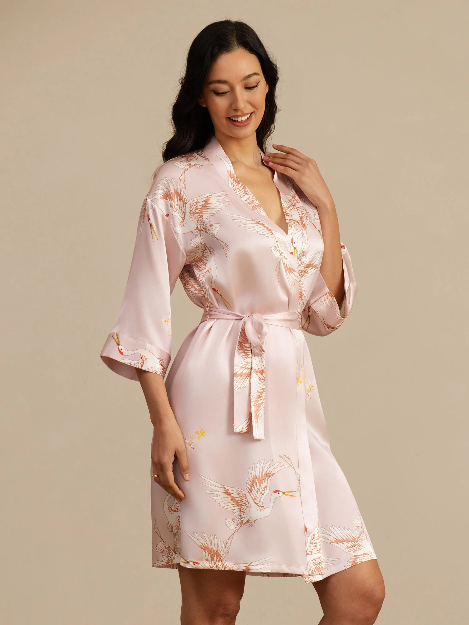 19Momme Pure Zijde Kraanvogelprint Geknoopte Wikkel Kimono Robe voor Dames - Image 15