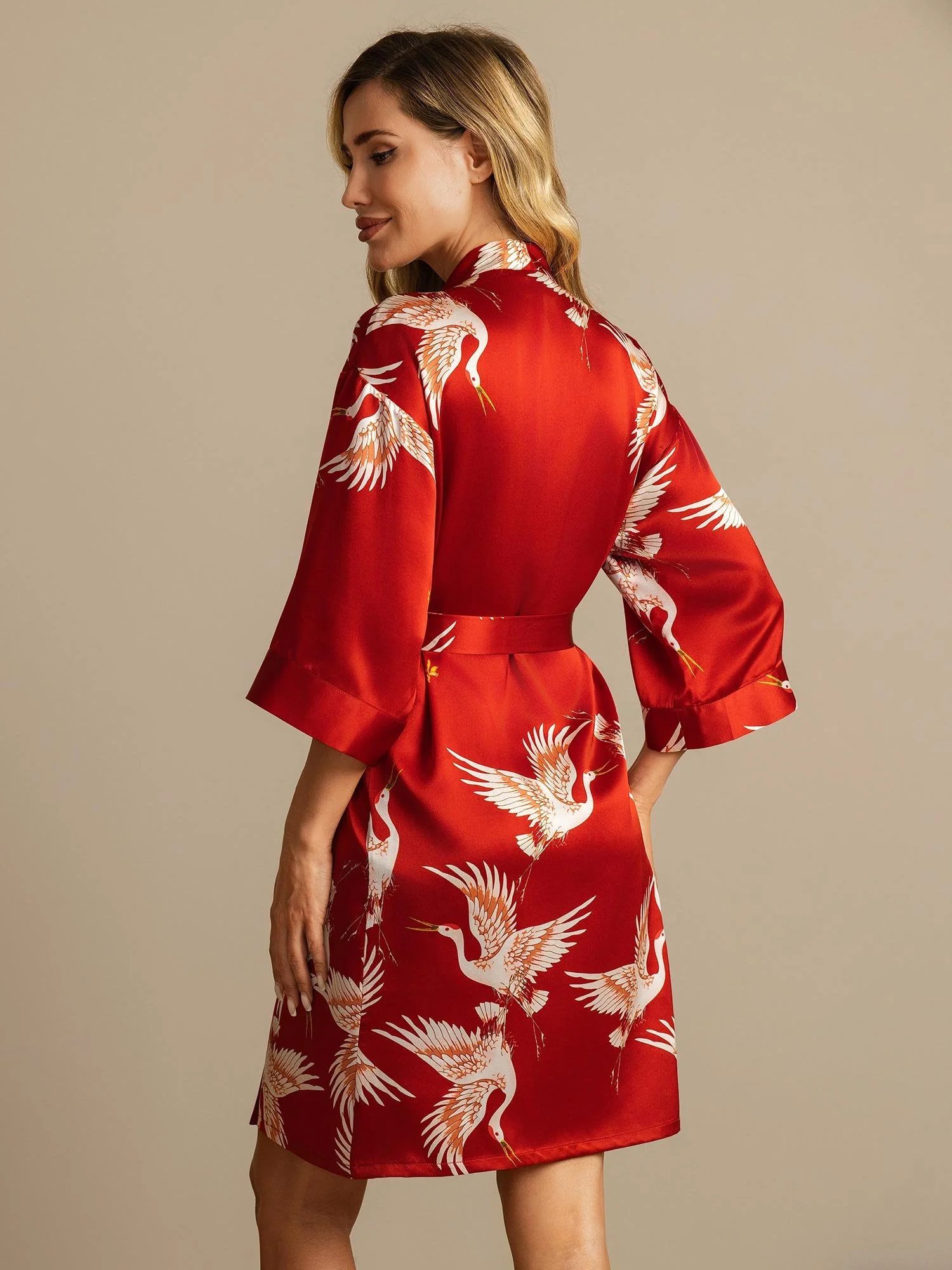 19Momme Pure Zijde Kraanvogelprint Geknoopte Wikkel Kimono Robe voor Dames - Image 2