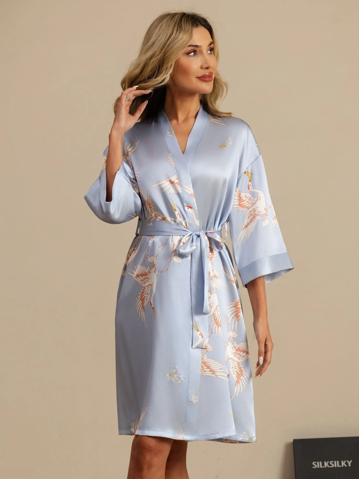 19Momme Pure Zijde Kraanvogelprint Geknoopte Wikkel Kimono Robe voor Dames - Image 33