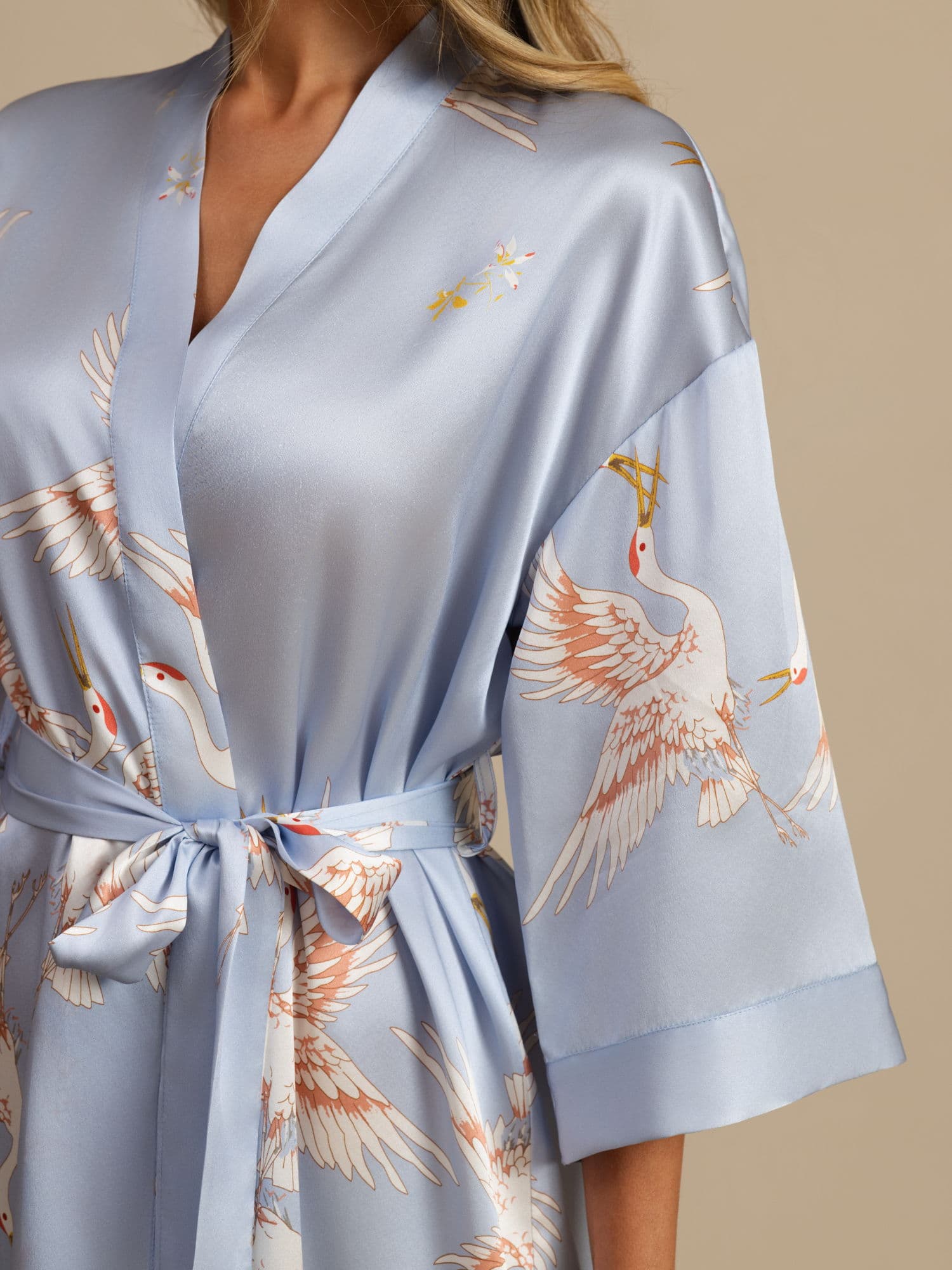19Momme Pure Zijde Kraanvogelprint Geknoopte Wikkel Kimono Robe voor Dames - Image 35