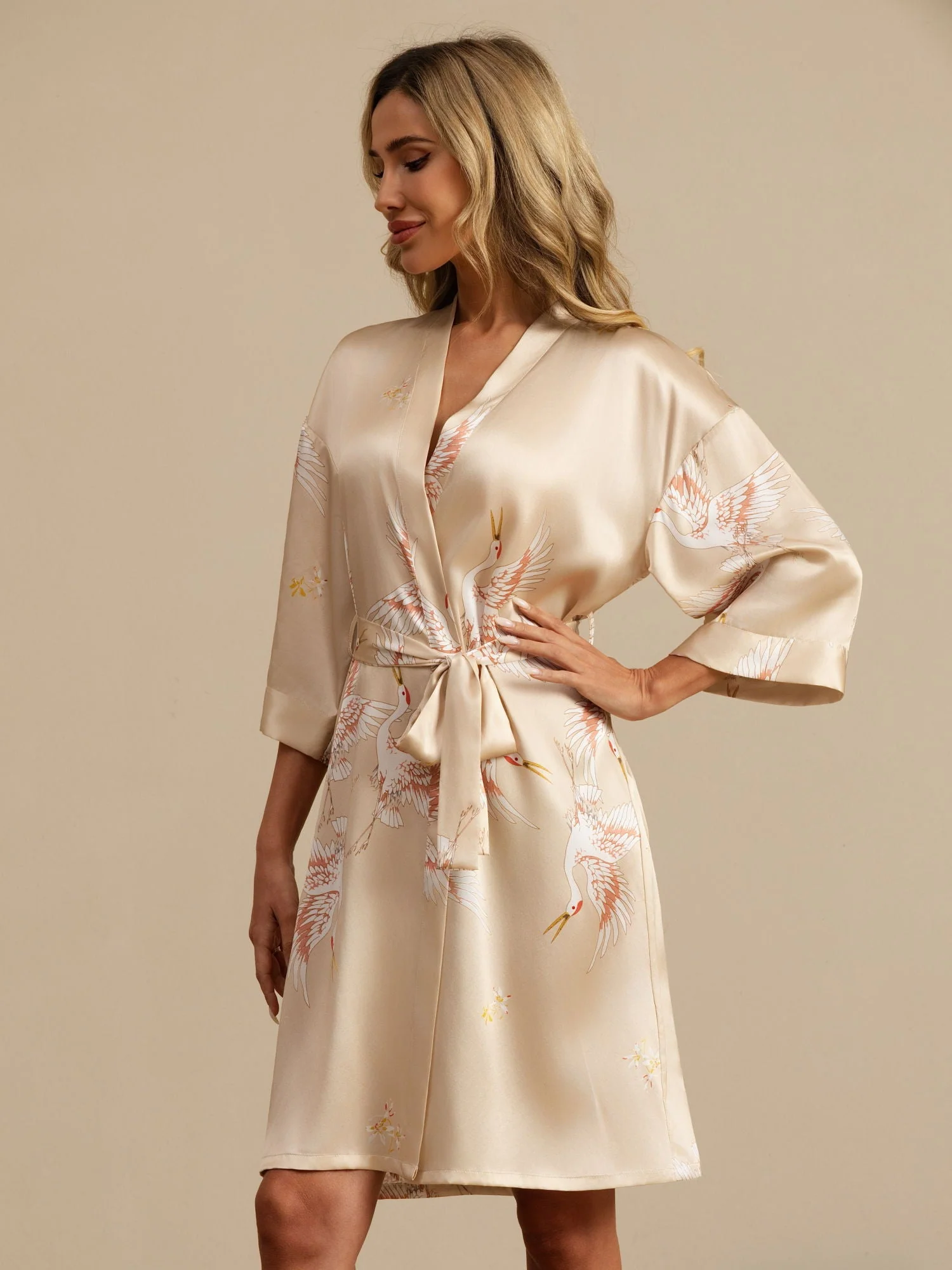 19Momme Pure Zijde Kraanvogelprint Geknoopte Wikkel Kimono Robe voor Dames - Image 37