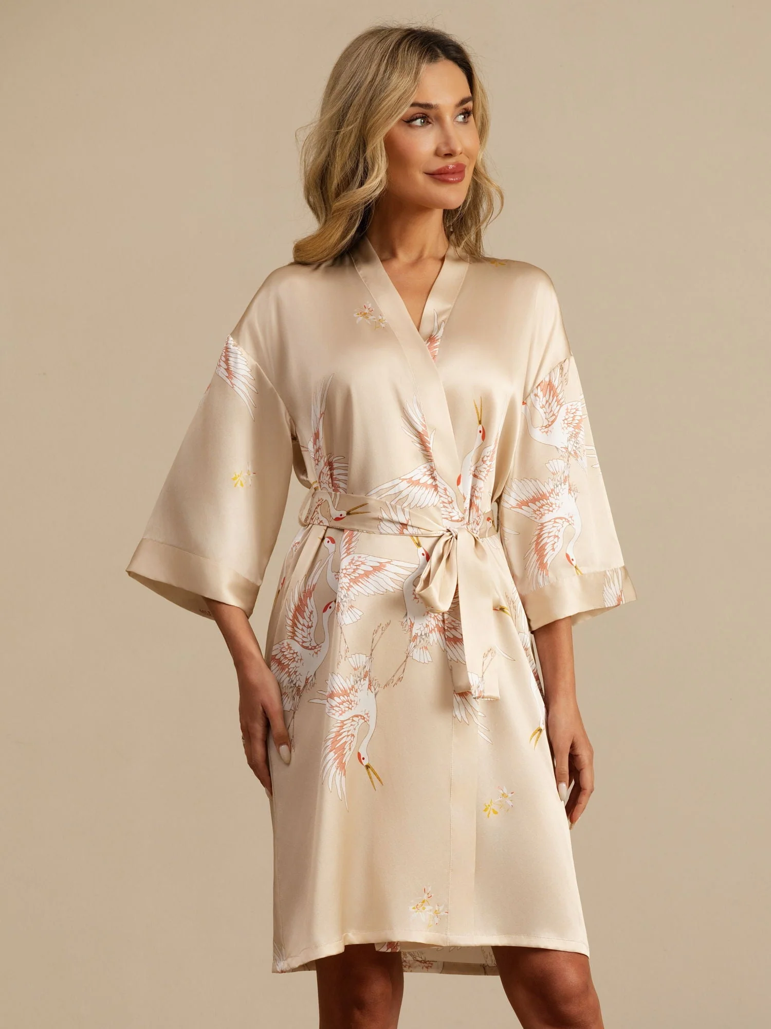 19Momme Pure Zijde Kraanvogelprint Geknoopte Wikkel Kimono Robe voor Dames - Image 39