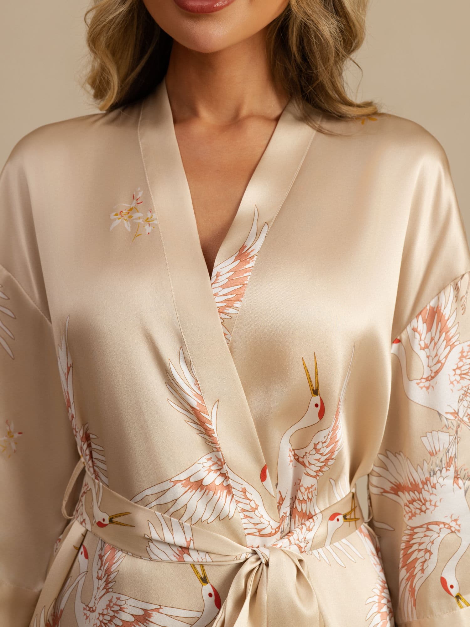 19Momme Pure Zijde Kraanvogelprint Geknoopte Wikkel Kimono Robe voor Dames - Image 41