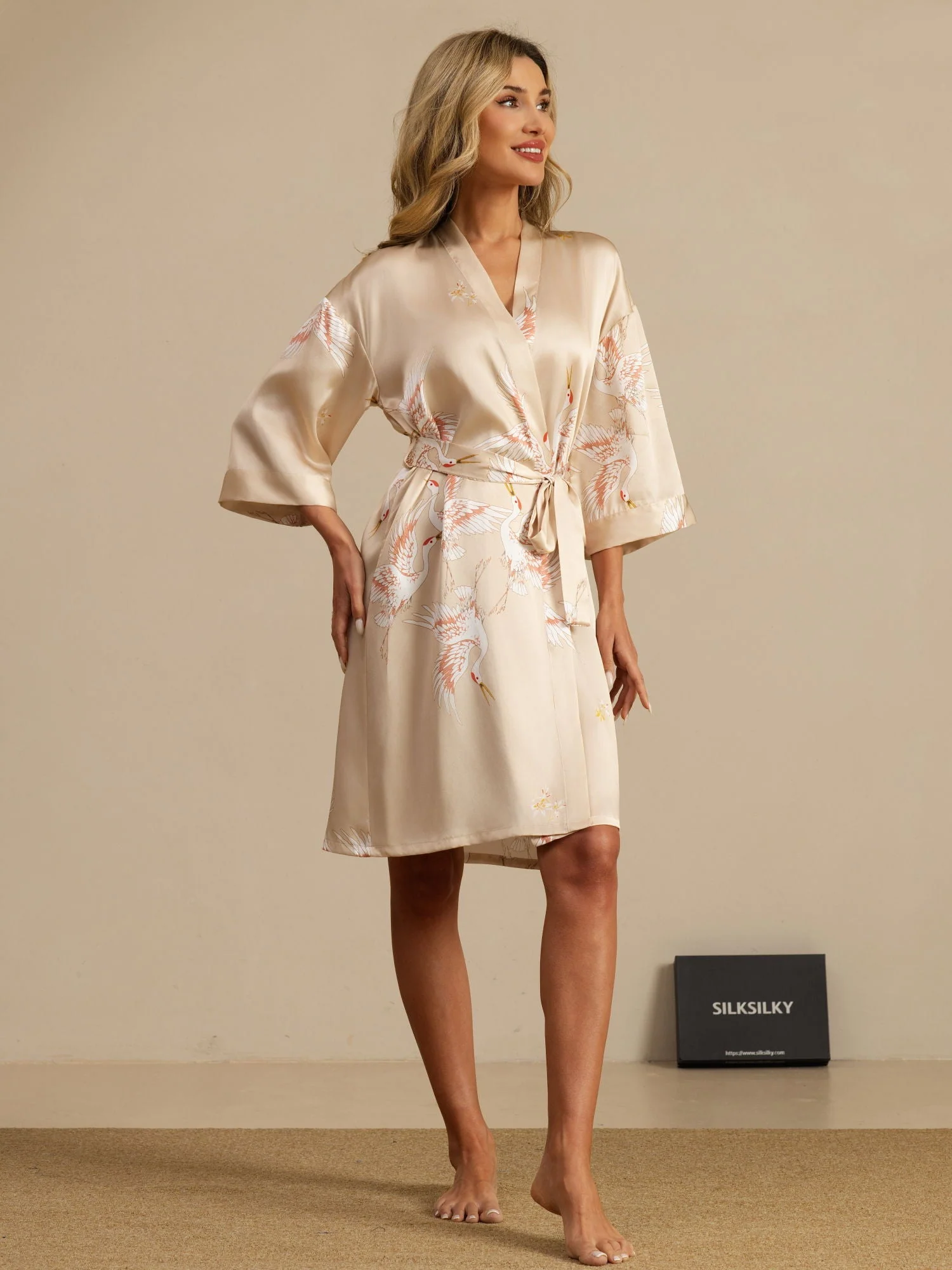 19Momme Pure Zijde Kraanvogelprint Geknoopte Wikkel Kimono Robe voor Dames - Image 42