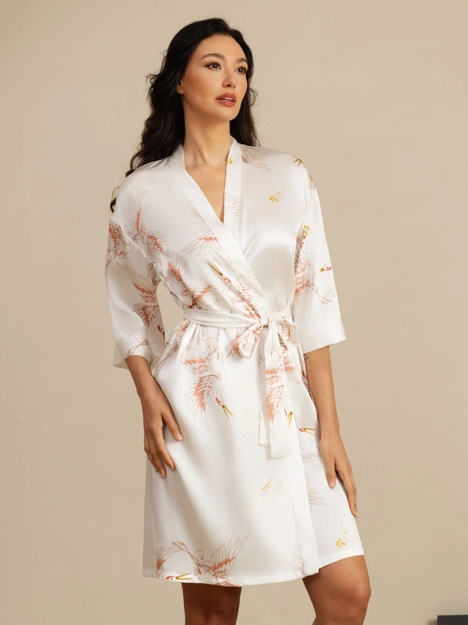 19Momme Pure Zijde Kraanvogelprint Geknoopte Wikkel Kimono Robe voor Dames - Image 44