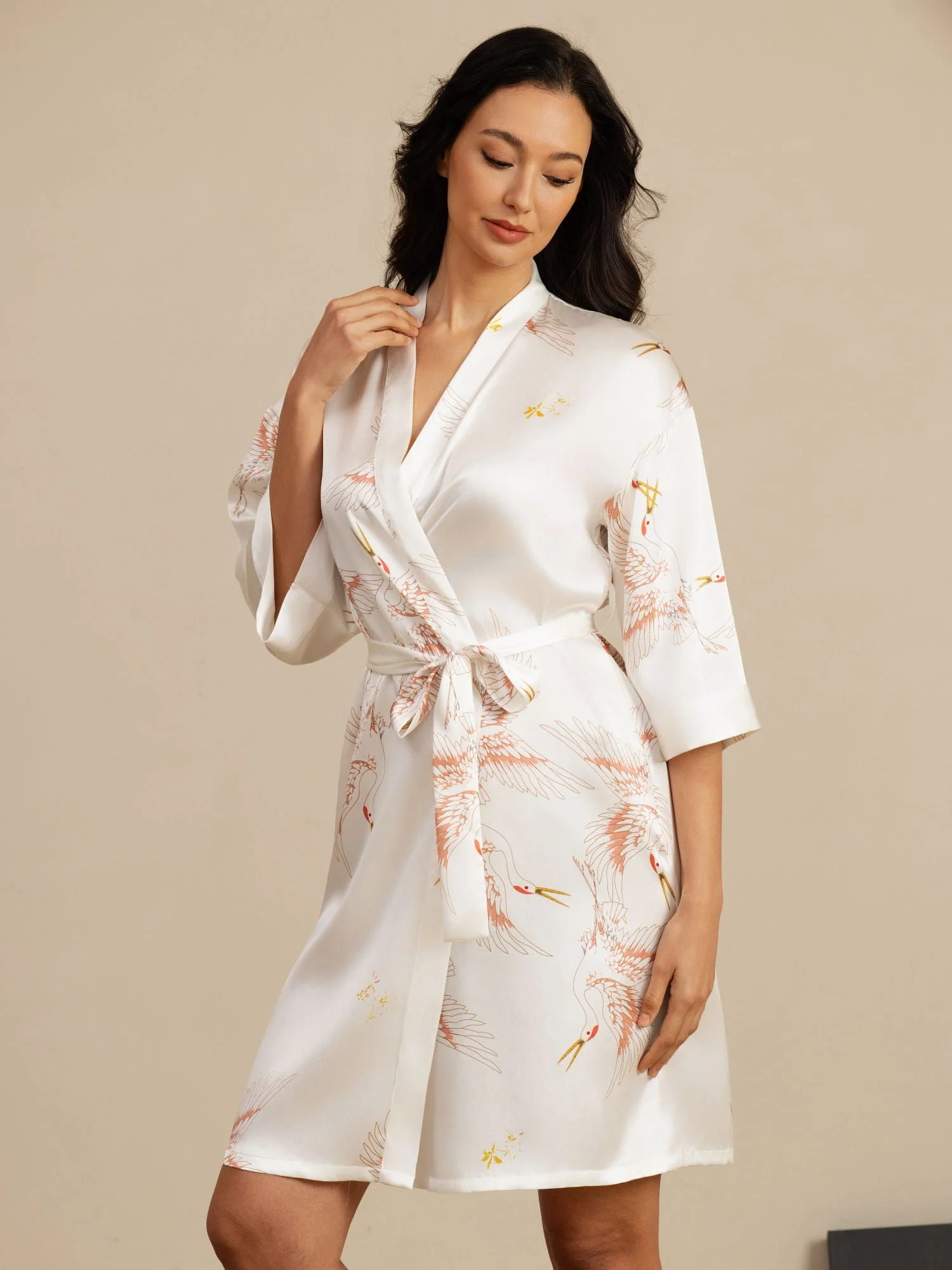 19Momme Pure Zijde Kraanvogelprint Geknoopte Wikkel Kimono Robe voor Dames - Image 46