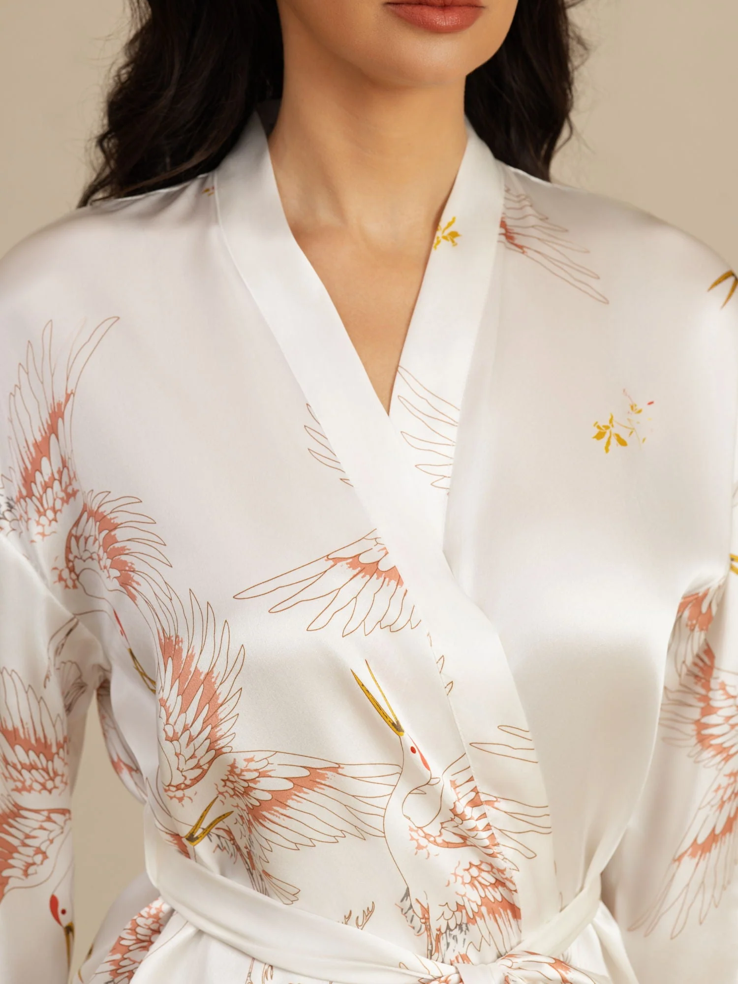 19Momme Pure Zijde Kraanvogelprint Geknoopte Wikkel Kimono Robe voor Dames - Image 47