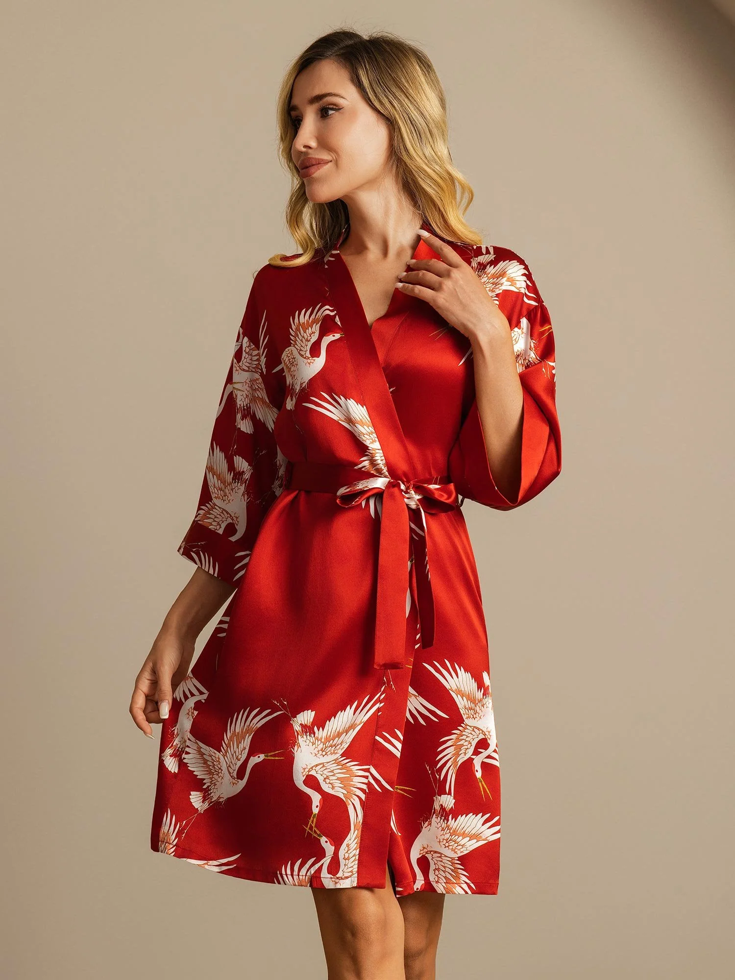 19Momme Pure Zijde Kraanvogelprint Geknoopte Wikkel Kimono Robe voor Dames - Image 6