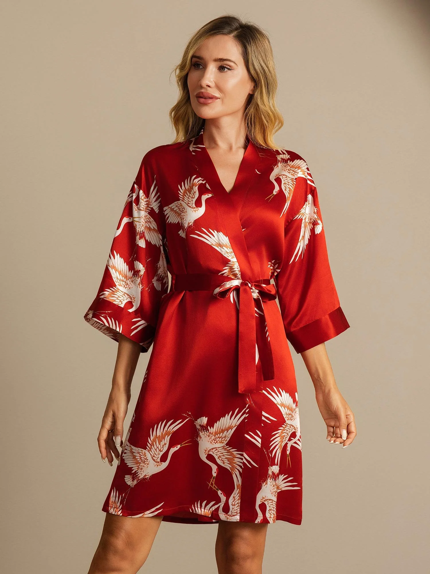 19Momme Pure Zijde Kraanvogelprint Geknoopte Wikkel Kimono Robe voor Dames - Image 7
