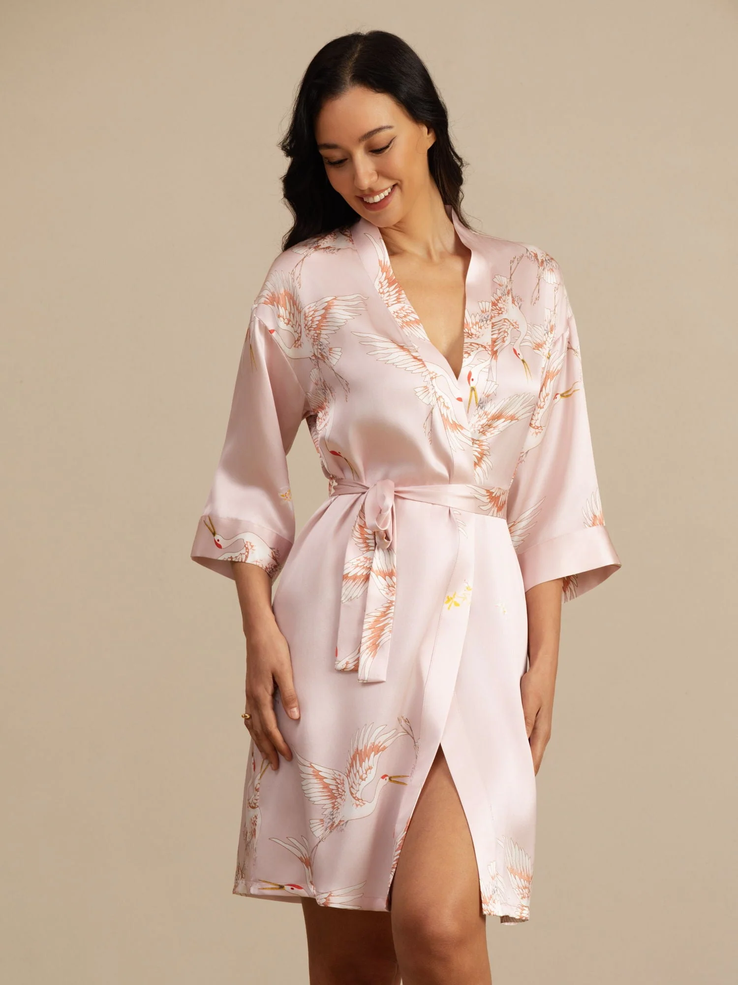 19Momme Pure Zijde Kraanvogelprint Geknoopte Wikkel Kimono Robe voor Dames - Image 9