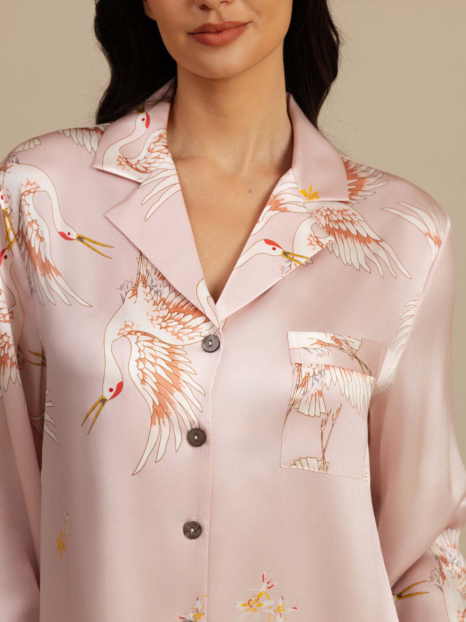 19Momme Pure Zijde Kraanvogelprint Nachtshirt met High-Low Zoom - Image 35