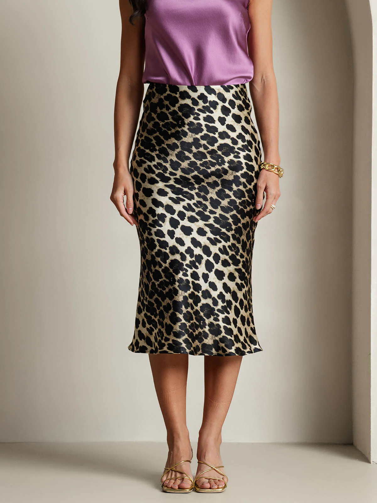 Lange Rechte Rok Van 19 Momme Pure Zijde Met Luipaardprint En Stretch - Image 3