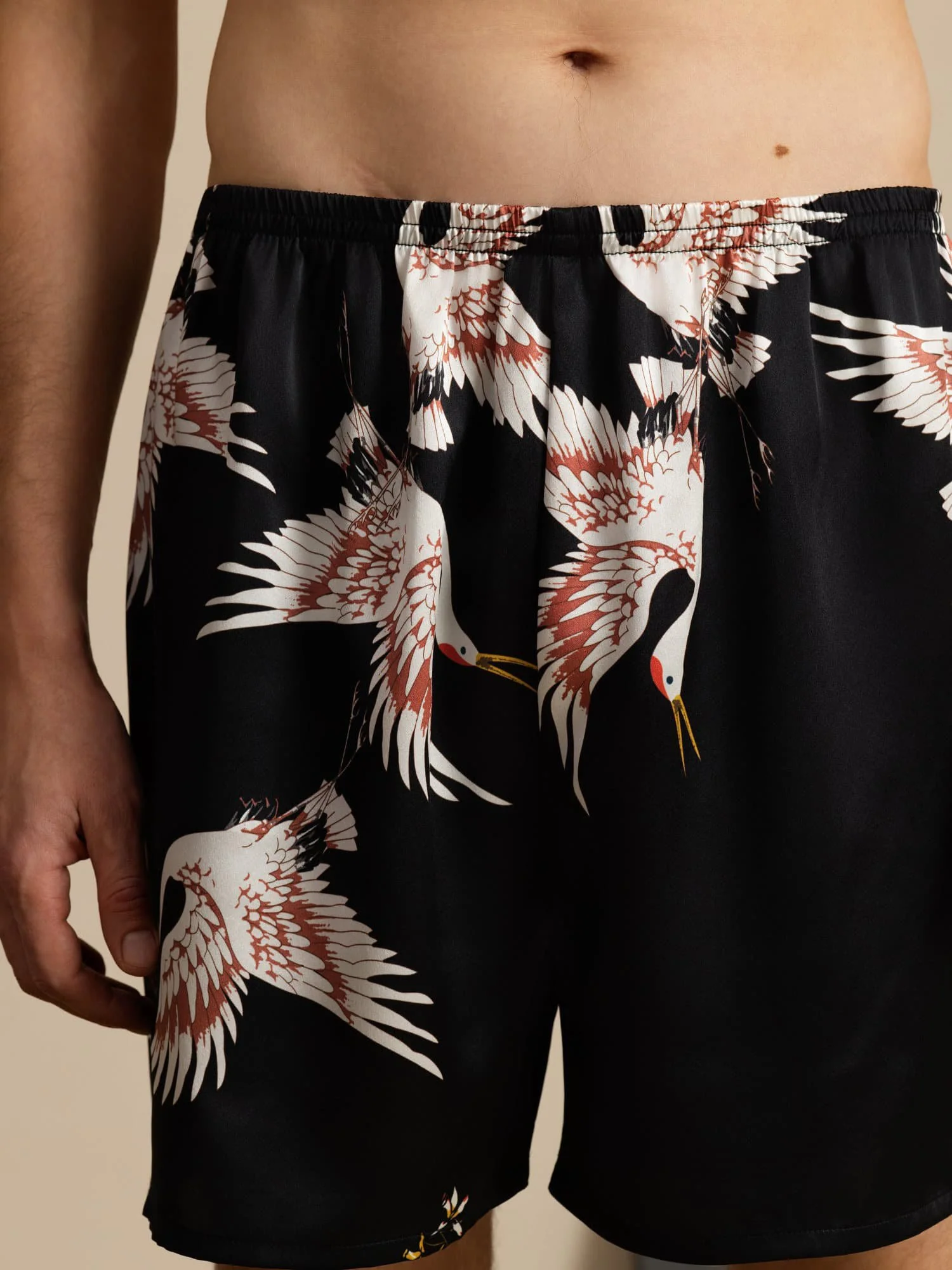 19Momme Pure Zijde Heren Kraanvogel Print Elastische Taille Slaap Shorts - Image 11