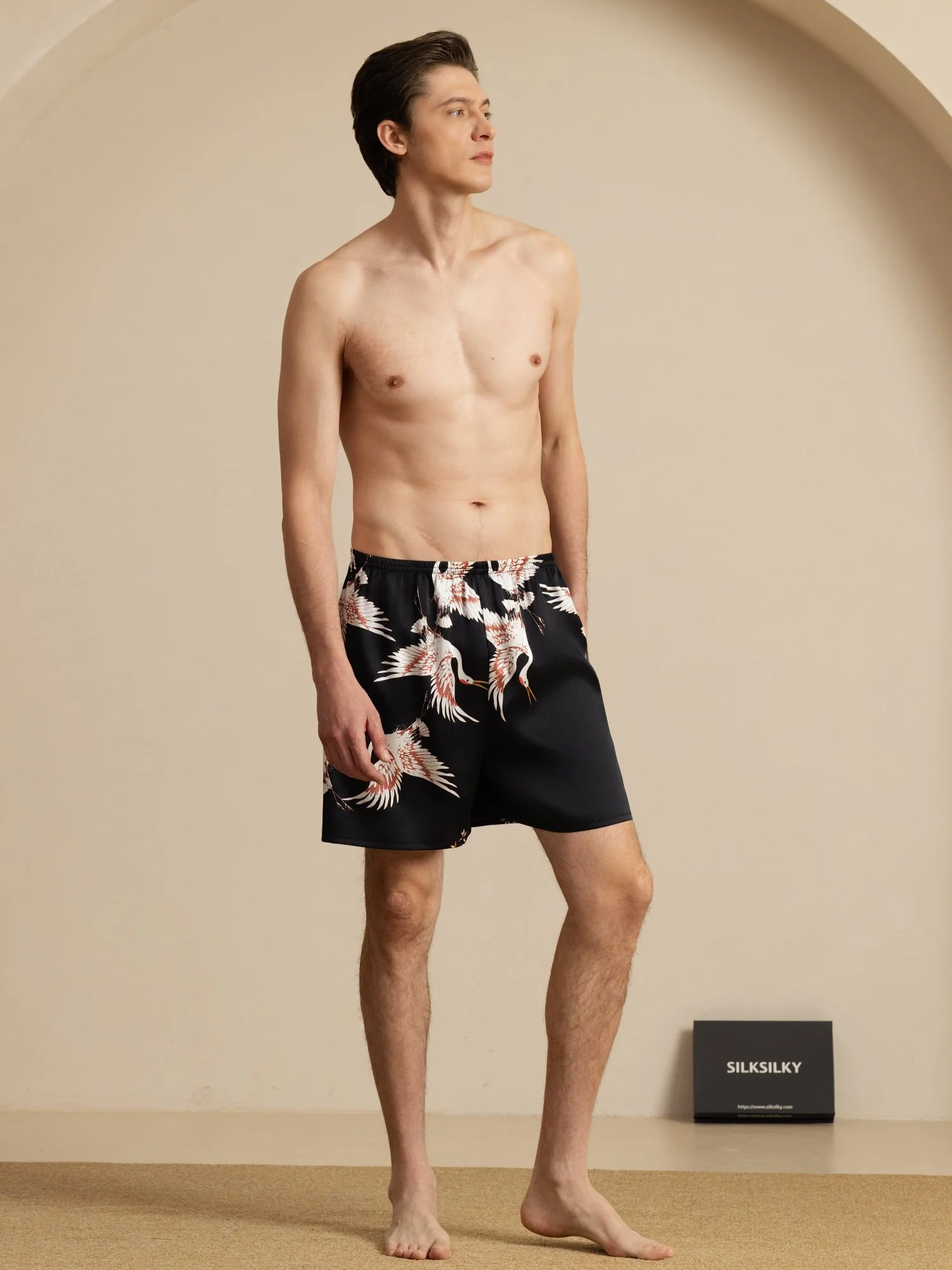 19Momme Pure Zijde Heren Kraanvogel Print Elastische Taille Slaap Shorts - Image 12