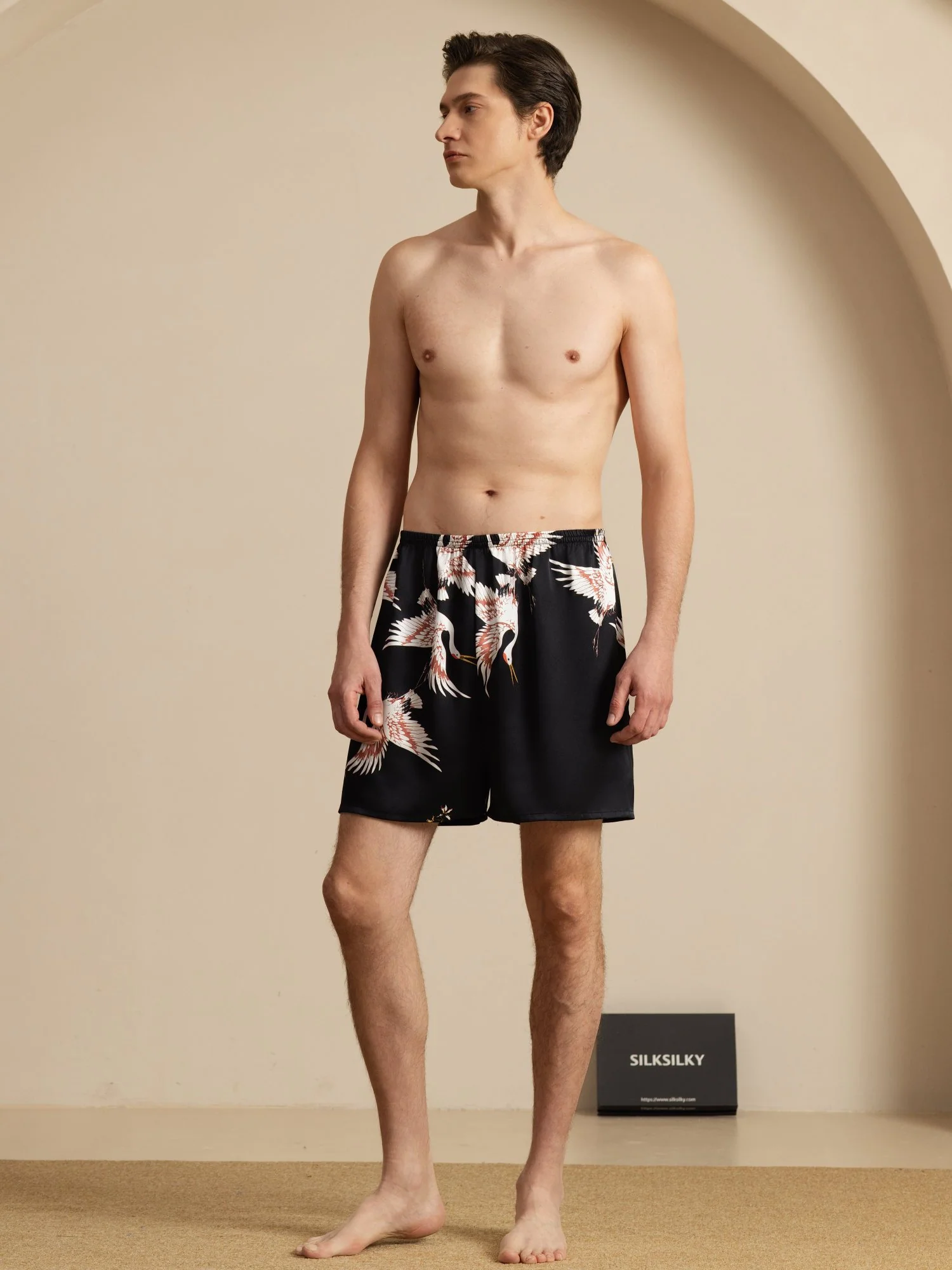 19Momme Pure Zijde Heren Kraanvogel Print Elastische Taille Slaap Shorts - Image 13