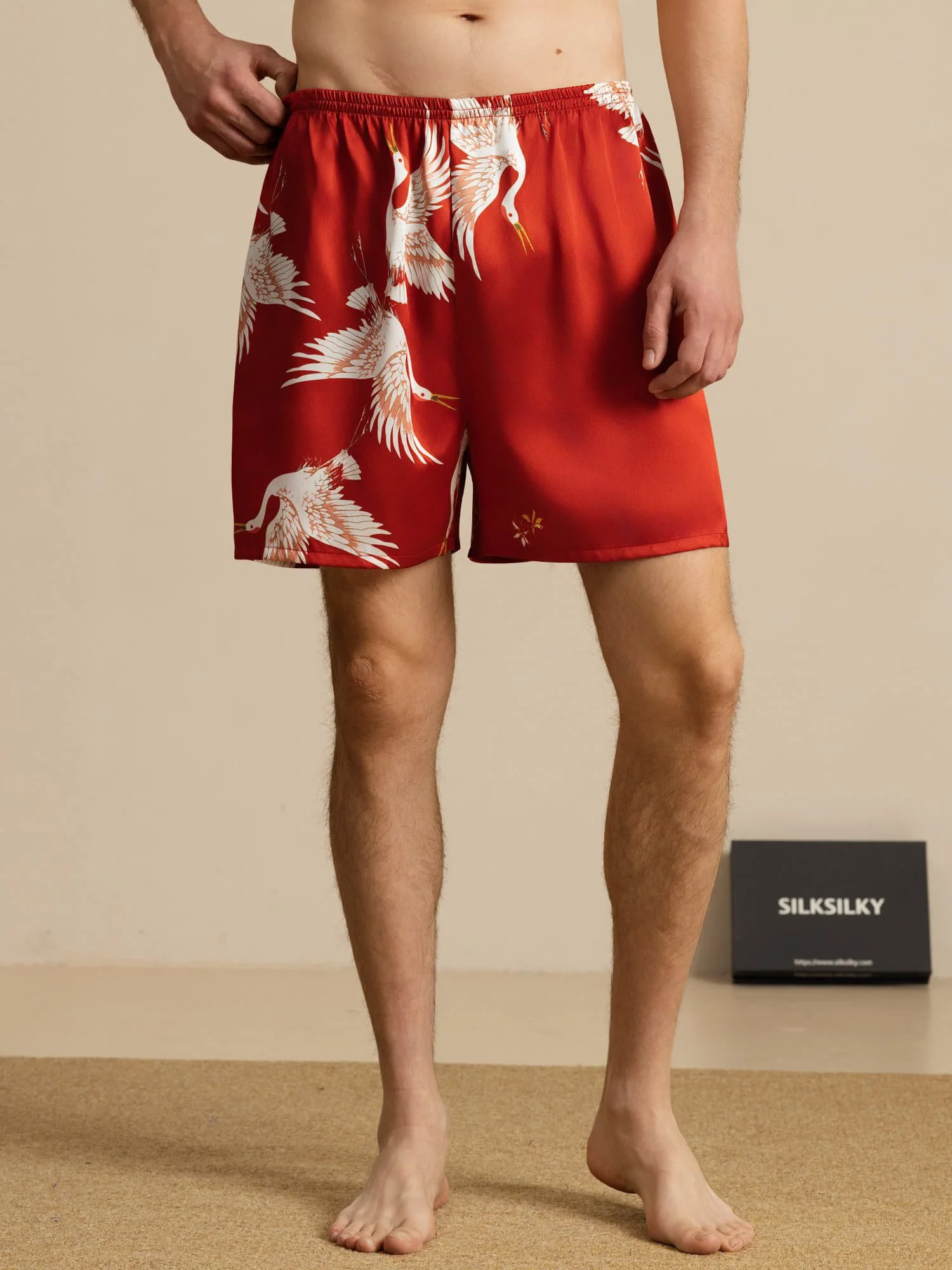 19Momme Pure Zijde Heren Kraanvogel Print Elastische Taille Slaap Shorts - Image 16