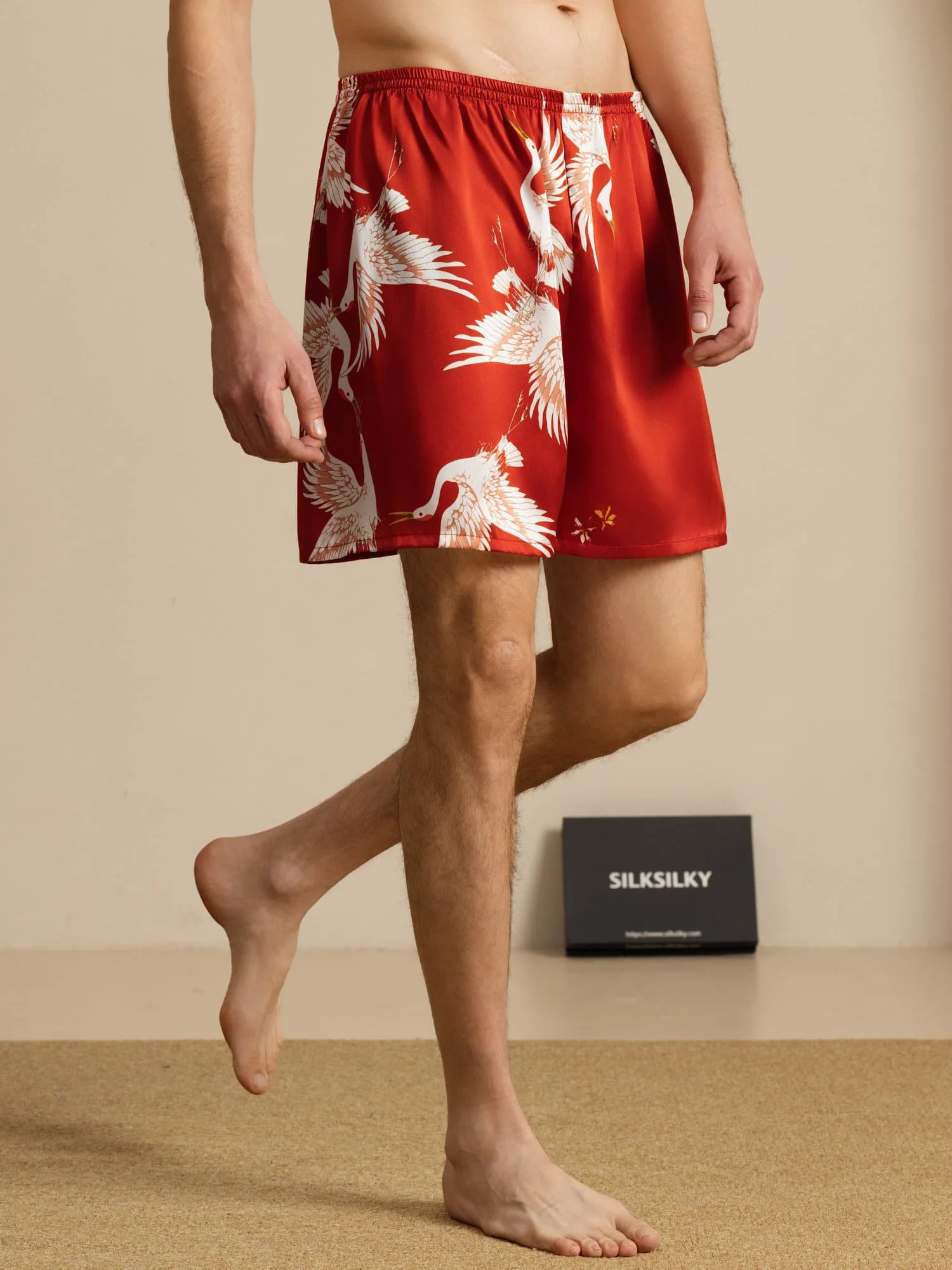 19Momme Pure Zijde Heren Kraanvogel Print Elastische Taille Slaap Shorts - Image 17