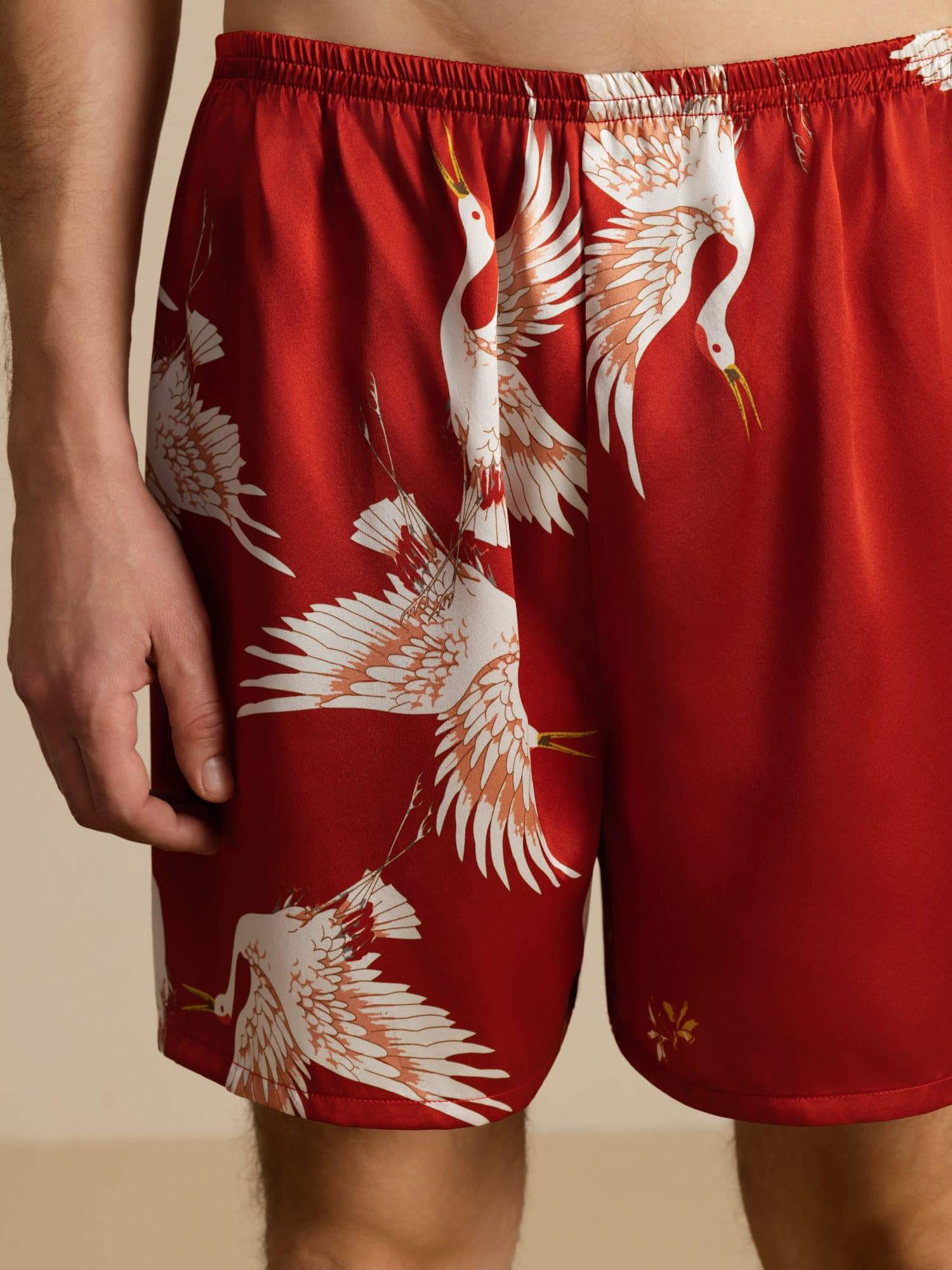 19Momme Pure Zijde Heren Kraanvogel Print Elastische Taille Slaap Shorts - Image 18