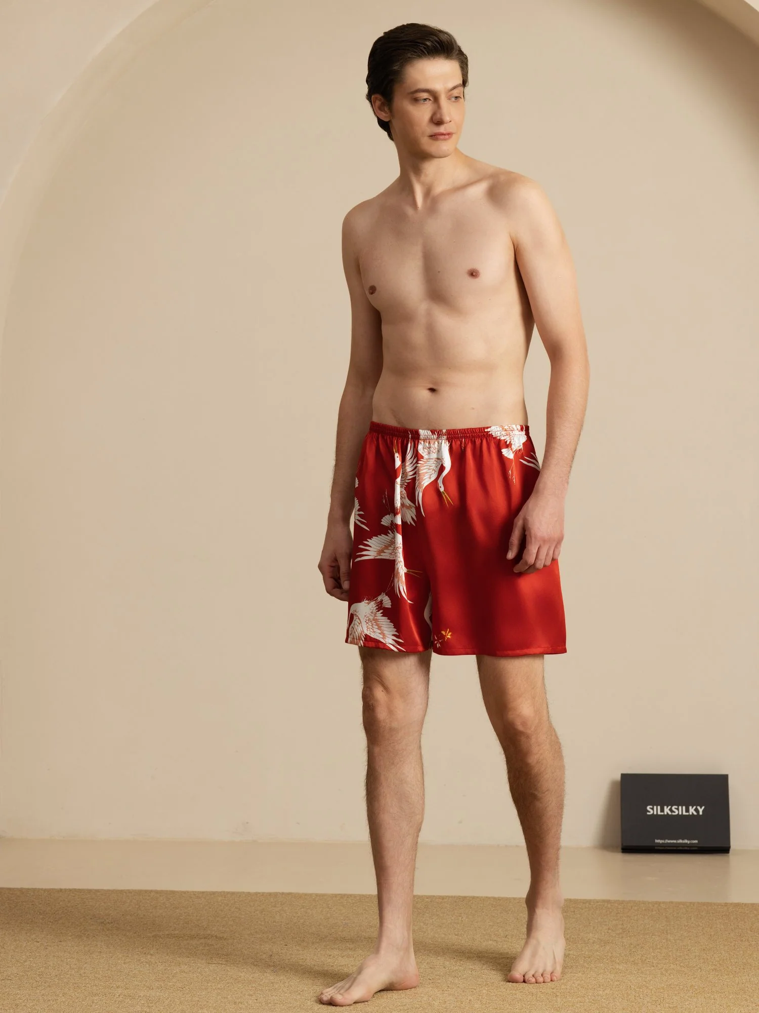 19Momme Pure Zijde Heren Kraanvogel Print Elastische Taille Slaap Shorts - Image 19