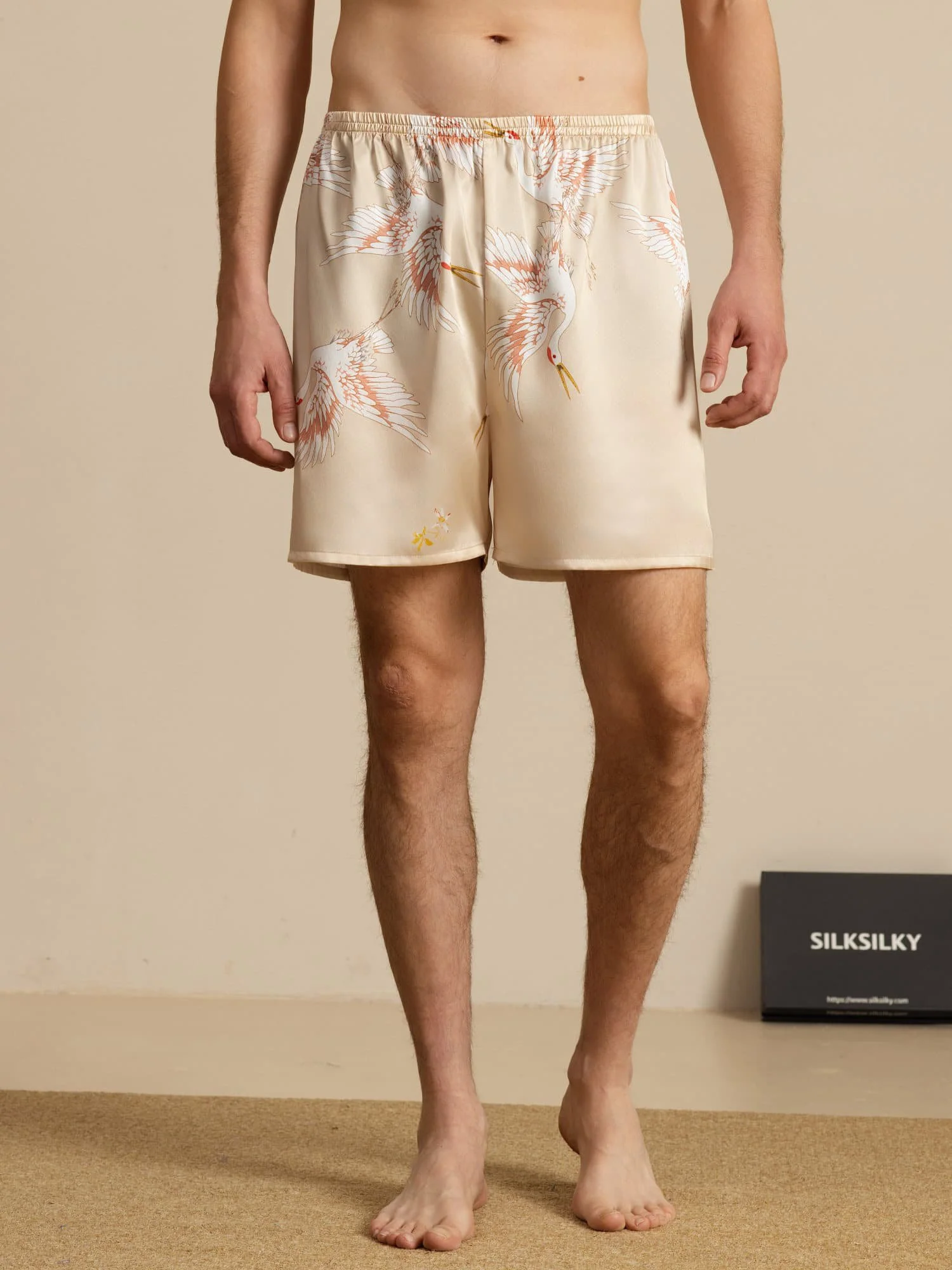 19Momme Pure Zijde Heren Kraanvogel Print Elastische Taille Slaap Shorts - Image 21
