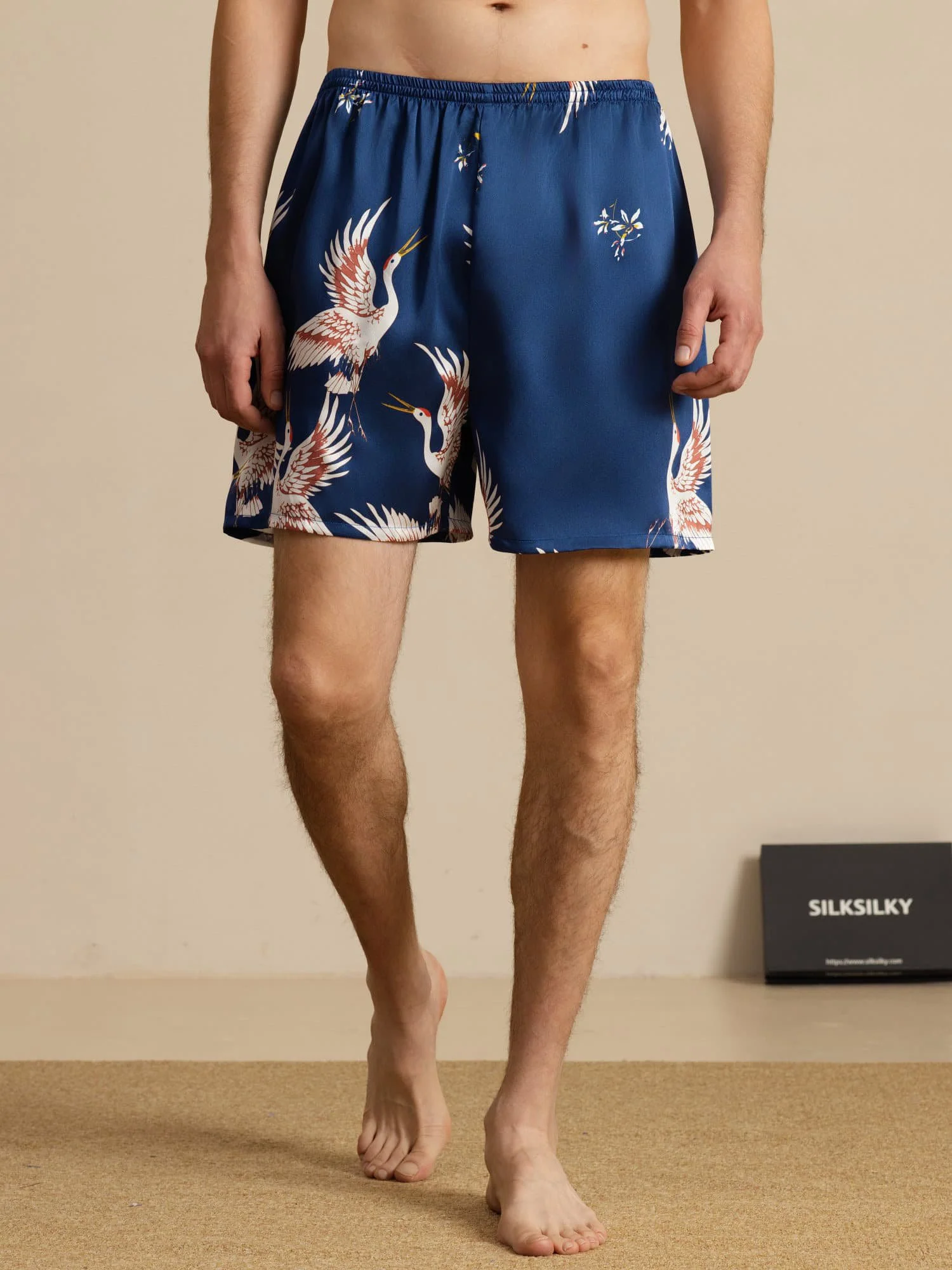 19Momme Pure Zijde Heren Kraanvogel Print Elastische Taille Slaap Shorts - Image 3