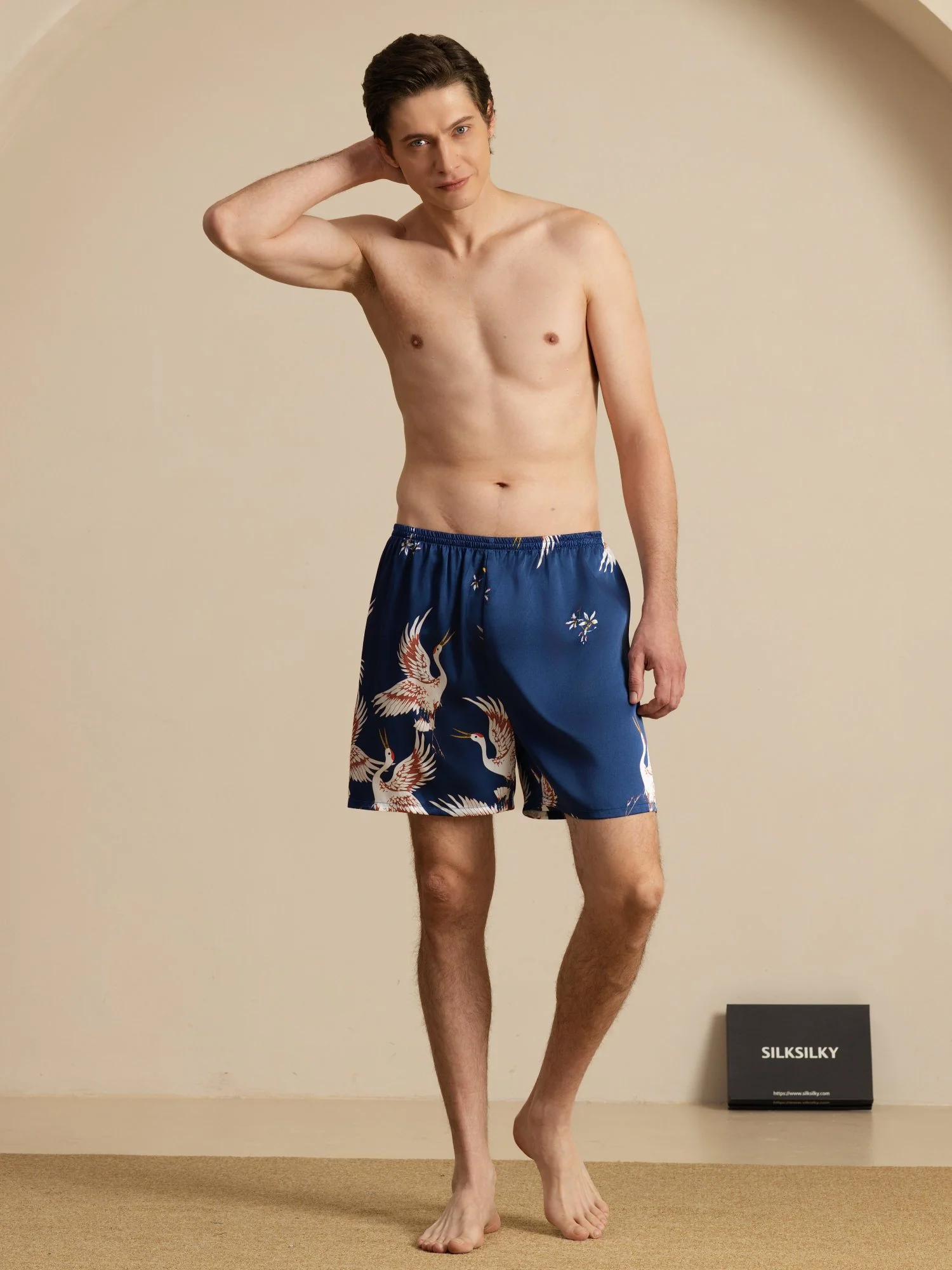 19Momme Pure Zijde Heren Kraanvogel Print Elastische Taille Slaap Shorts - Image 6