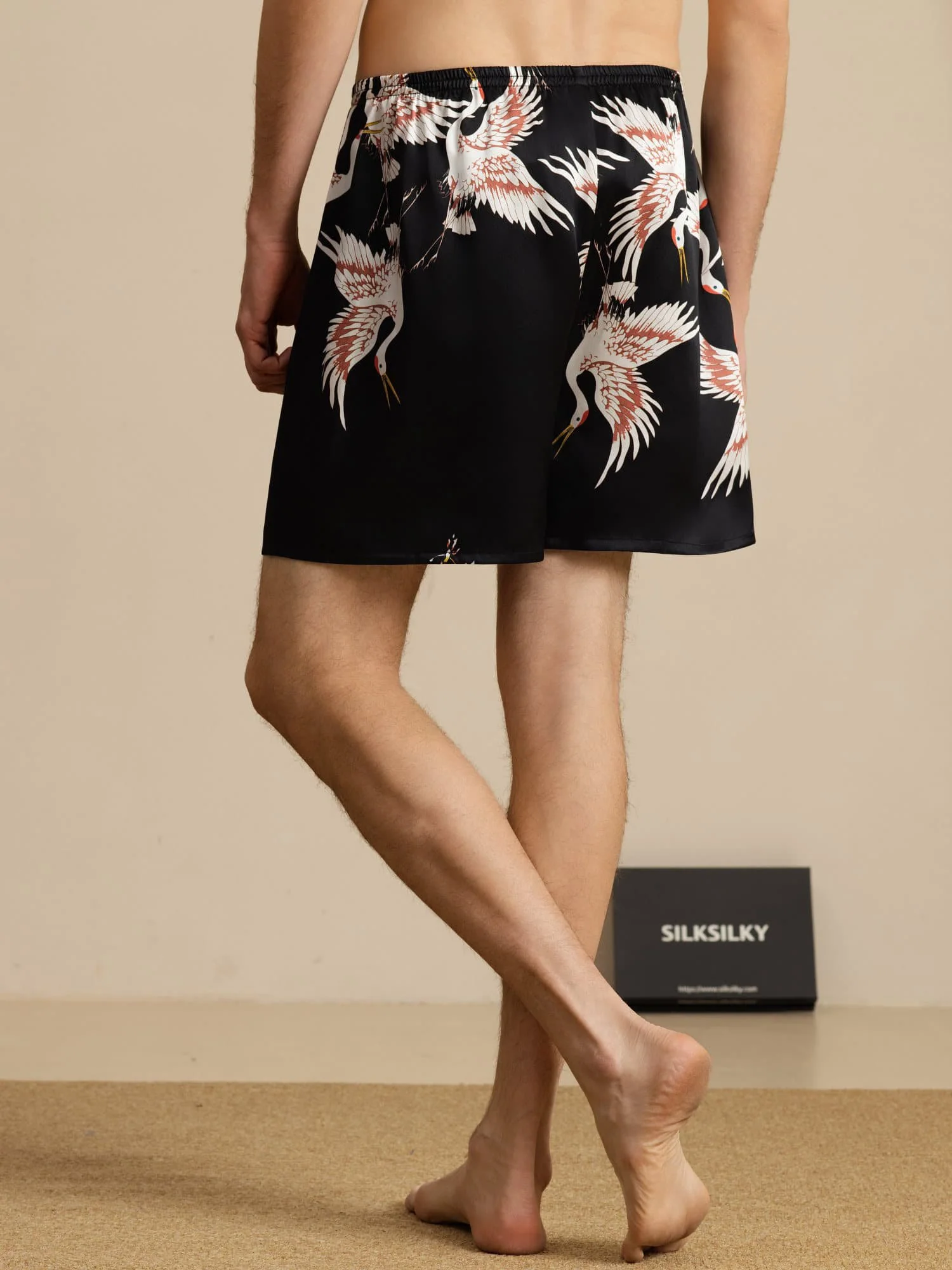 19Momme Pure Zijde Heren Kraanvogel Print Elastische Taille Slaap Shorts - Image 9