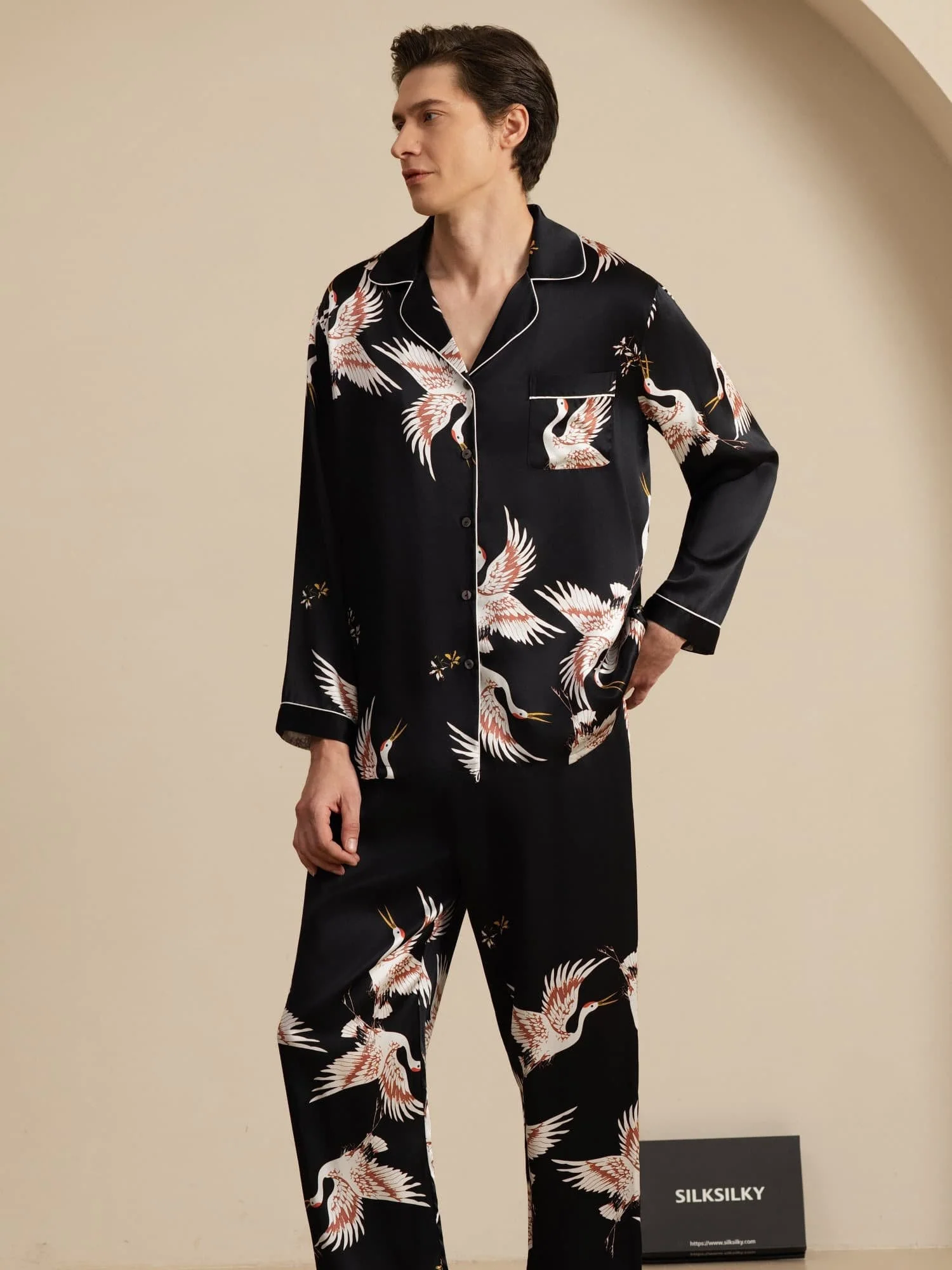 19Momme Pure Zijde Heren Kraanvogelprint Langemouw Notch Kraag Pyjama Set - Image 11